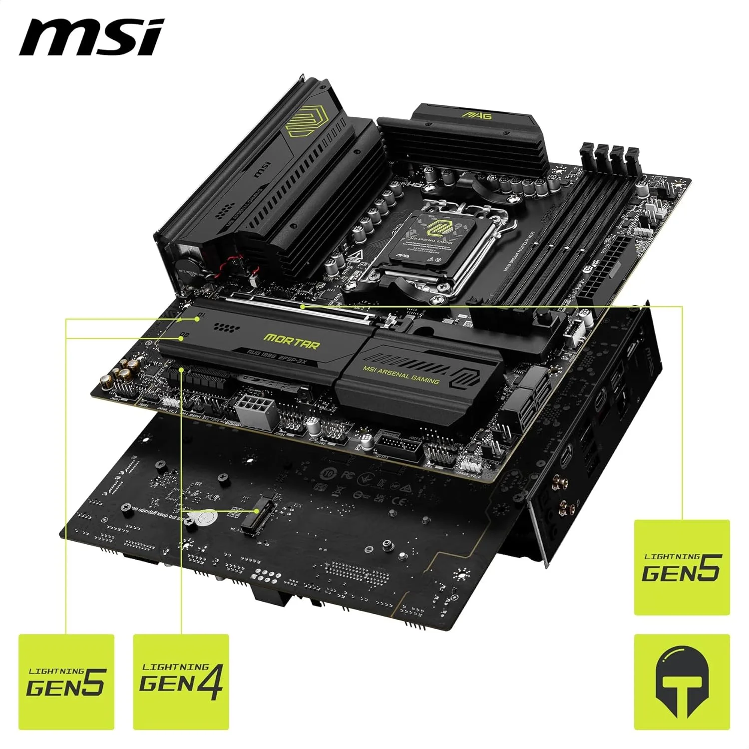 مادربرد MSI MAG B850M Mortar WiFi، mATX - پشتیبانی از پردازنده های AMD Ryzen 9000/8000/7000، AM5-60A SPS VRM، تقویت حافظه DDR5 8200+ MT/s (OC)، PCIe 5.0 x16، M.2 Gen5، Wi-Fi 7، 5G LAN