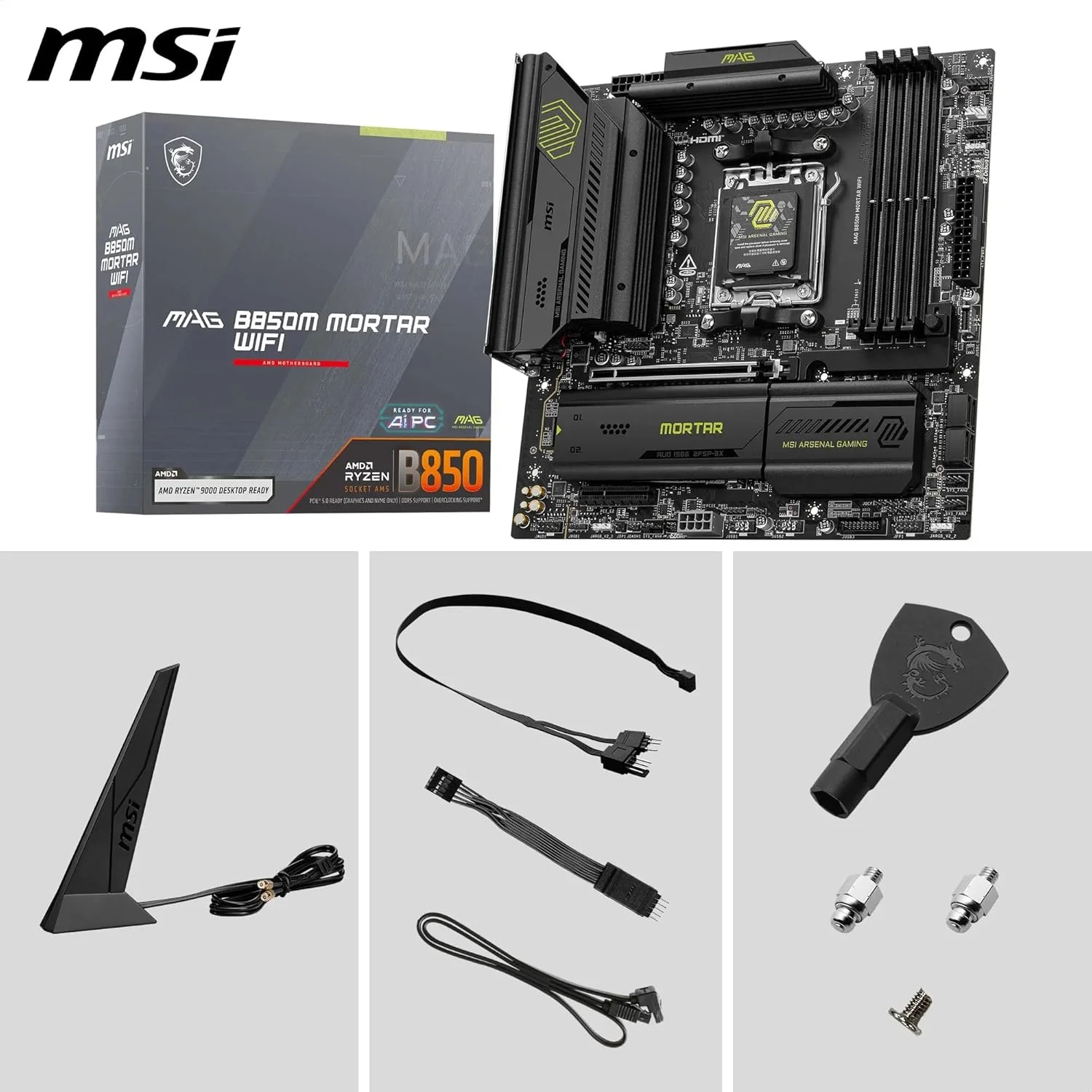 مادربرد MSI MAG B850M Mortar WiFi، mATX - پشتیبانی از پردازنده های AMD Ryzen 9000/8000/7000، AM5-60A SPS VRM، تقویت حافظه DDR5 8200+ MT/s (OC)، PCIe 5.0 x16، M.2 Gen5، Wi-Fi 7، 5G LAN