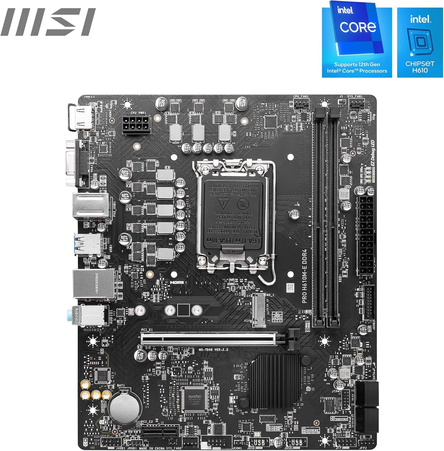 مادربرد MSI PRO H610M-E DDR4، Micro-ATX - پشتیبانی از پردازنده های نسل دوازدهم Intel Core، LGA 1700 - 2 عدد DIMM (3200MHz)، 1 عدد اسلات PCIe 4.0 x16، 1 عدد M.2 Gen3، USB 3.2 Gen1، 1G LAN، HDMI 1.4 و VGA مادربرد MSI PRO H610M-E DDR4، Micro-ATX - پشتیبانی از پردازنده های نسل دوازدهم Intel Core، LGA 1700 - 2 عدد DIMM (3200MHz)، 1 عدد اسلات PCIe 4.0 x16، 1 عدد M.2 Gen3، USB 3.2 Gen1، 1G LAN، HDMI 1.4 و VGA