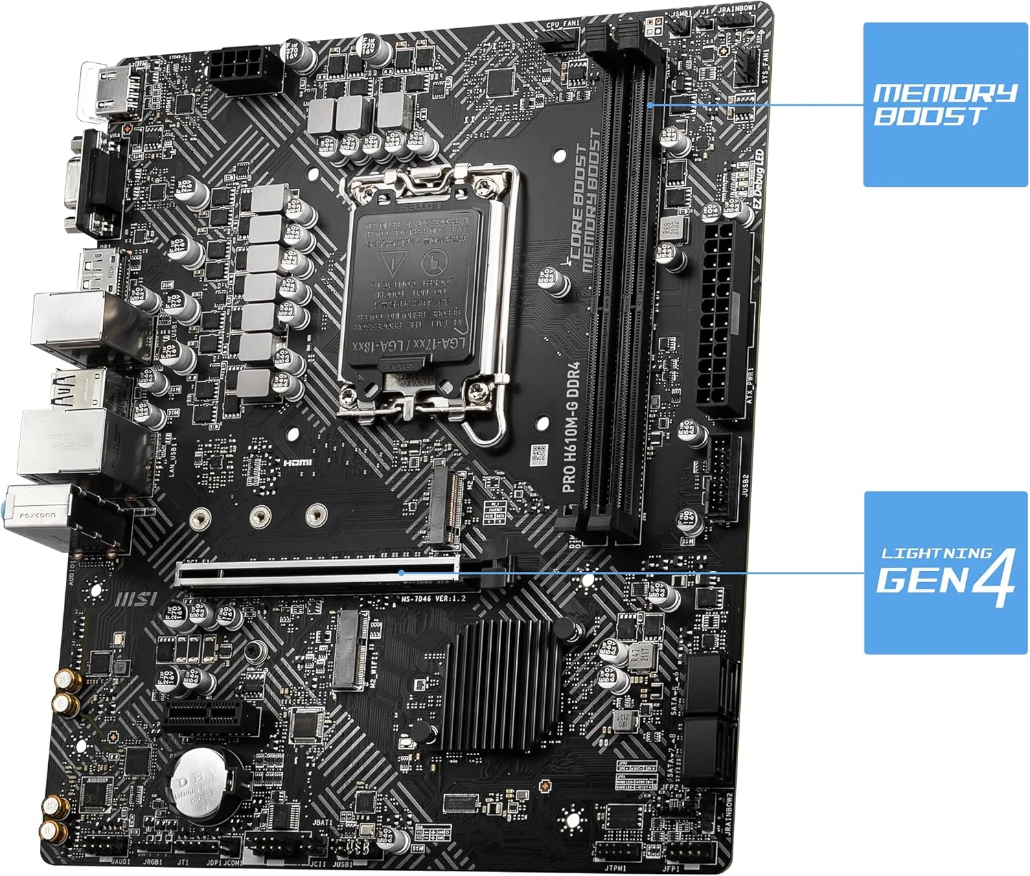 مادربرد MSI Pro H610M-G DDR4 Micro-ATX، سوکت LGA 1700، چیپست H610، کنترلر شبکه 1x Intel I219V Gigabit LAN، 2 اسلات DIMM، اسلات M.2، PCI-E X16، SATA III، HDMI، VGA، DP مادربرد MSI Pro H610M-G DDR4 Micro-ATX، سوکت LGA 1700، چیپست H610، کنترلر شبکه 1x Intel I219V Gigabit LAN، 2 اسلات DIMM، اسلات M.2، PCI-E X16، SATA III، HDMI، VGA، DP