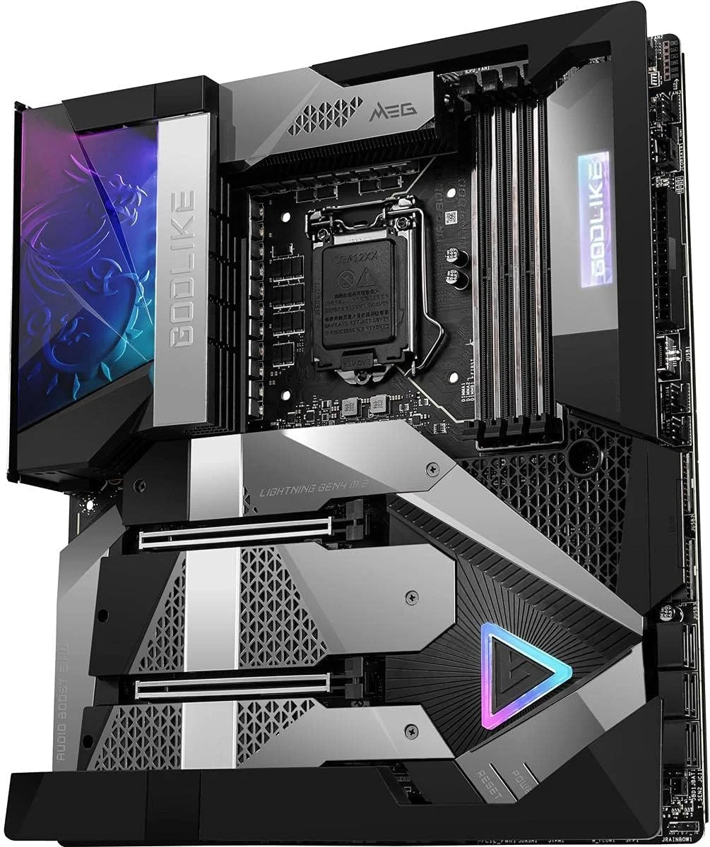 مادربرد گیمینگ MSI MEG Z590 GODLIKE (E-ATX، نسل 11/10 پردازنده های Intel Core، سوکت LGA 1200، DDR4، PCIe 4، SLI/CFX، اسلات های M.2، Thunderbolt، Wi-Fi 6E، Mystic Light RGB) مادربرد گیمینگ MSI MEG Z590 GODLIKE (E-ATX، نسل 11/10 پردازنده های Intel Core، سوکت LGA 1200، DDR4، PCIe 4، SLI/CFX، اسلات های M.2، Thunderbolt، Wi-Fi 6E، Mystic Light RGB)