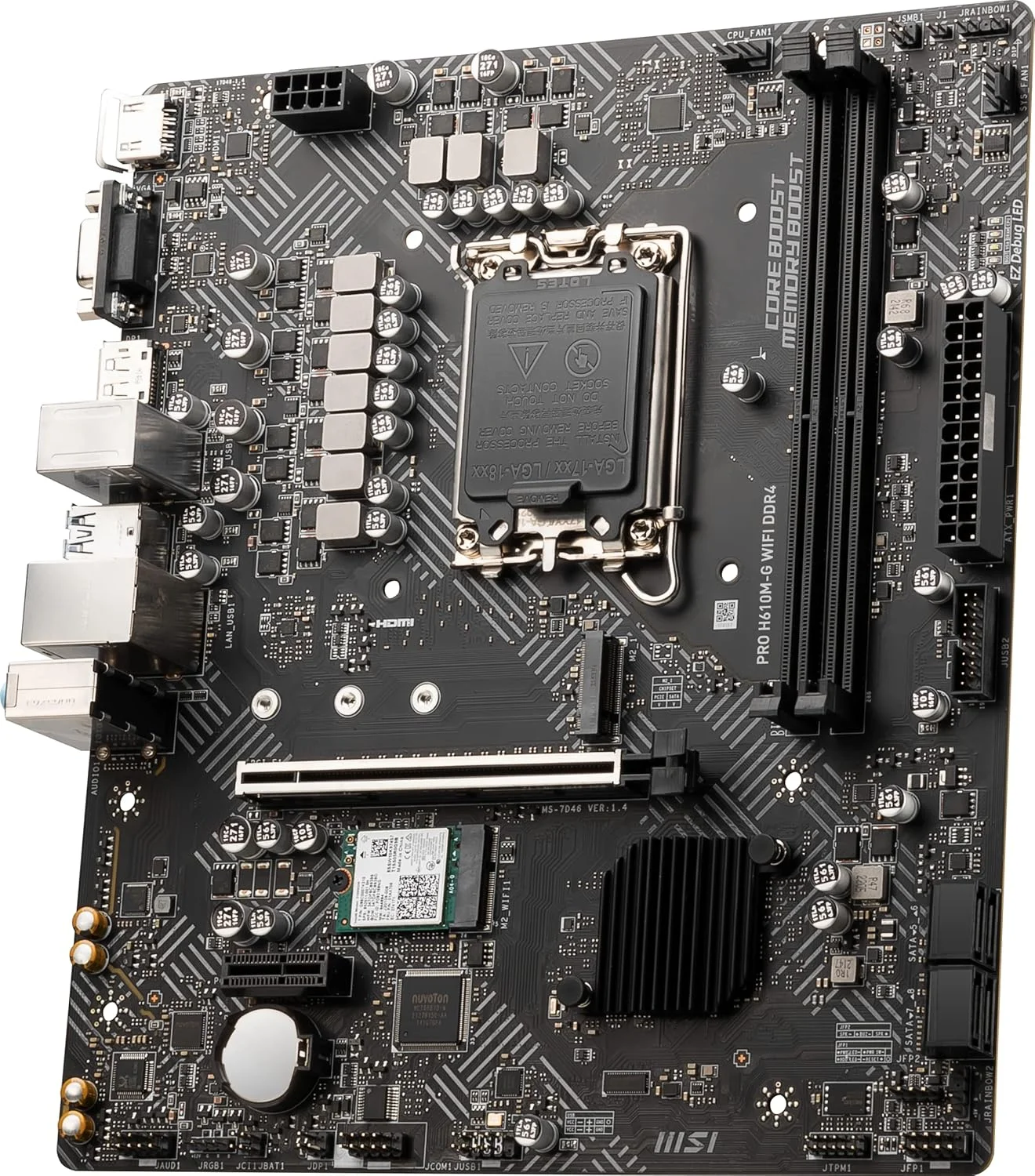 مادربرد ام اس آی MSI PRO H610M-G WiFi DDR4 ProSeries (mATX، نسل 12/13 اینتل Core، سوکت LGA 1700، DDR4، PCIe 4، LAN 2.5G، اسلات های M.2، USB 3.2، Wi-Fi 6) مادربرد ام اس آی MSI PRO H610M-G WiFi DDR4 ProSeries (mATX، نسل 12/13 اینتل Core، سوکت LGA 1700، DDR4، PCIe 4، LAN 2.5G، اسلات های M.2، USB 3.2، Wi-Fi 6)