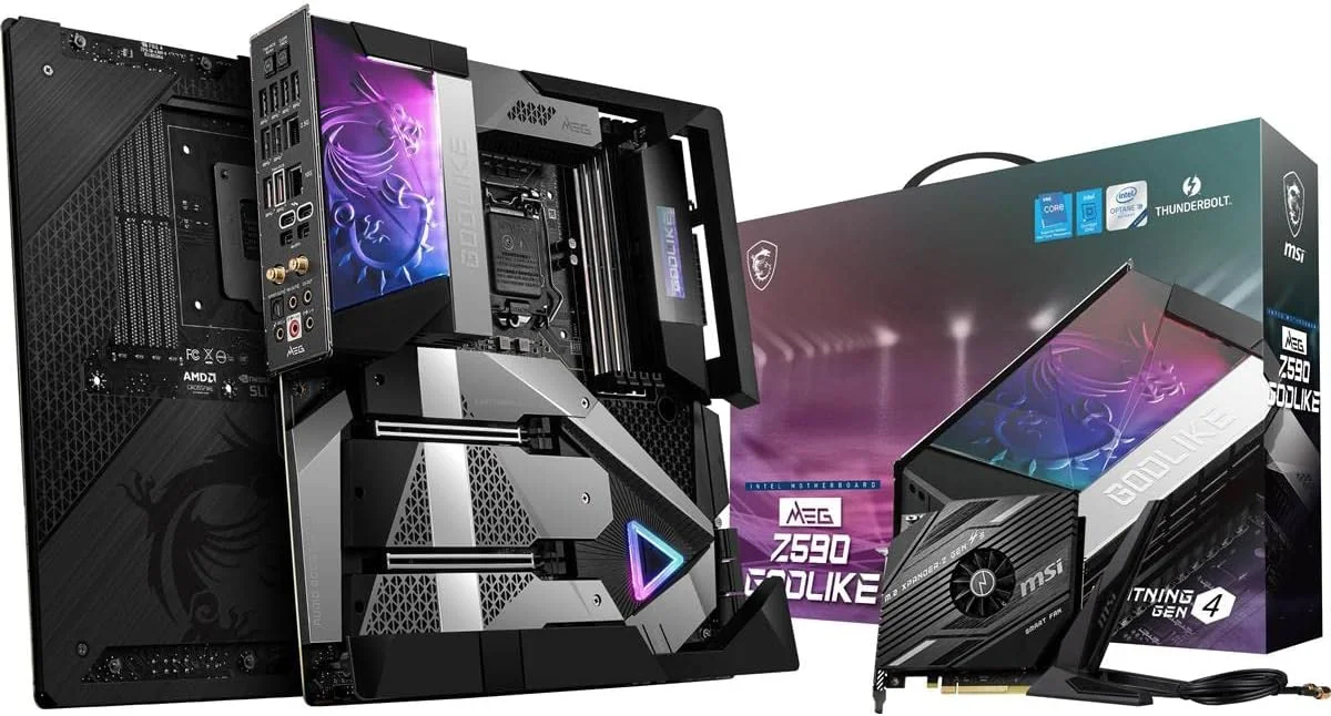 مادربرد گیمینگ MSI MEG Z590 GODLIKE (E-ATX، نسل 11/10 پردازنده های Intel Core، سوکت LGA 1200، DDR4، PCIe 4، SLI/CFX، اسلات های M.2، Thunderbolt، Wi-Fi 6E، Mystic Light RGB) مادربرد گیمینگ MSI MEG Z590 GODLIKE (E-ATX، نسل 11/10 پردازنده های Intel Core، سوکت LGA 1200، DDR4، PCIe 4، SLI/CFX، اسلات های M.2، Thunderbolt، Wi-Fi 6E، Mystic Light RGB)
