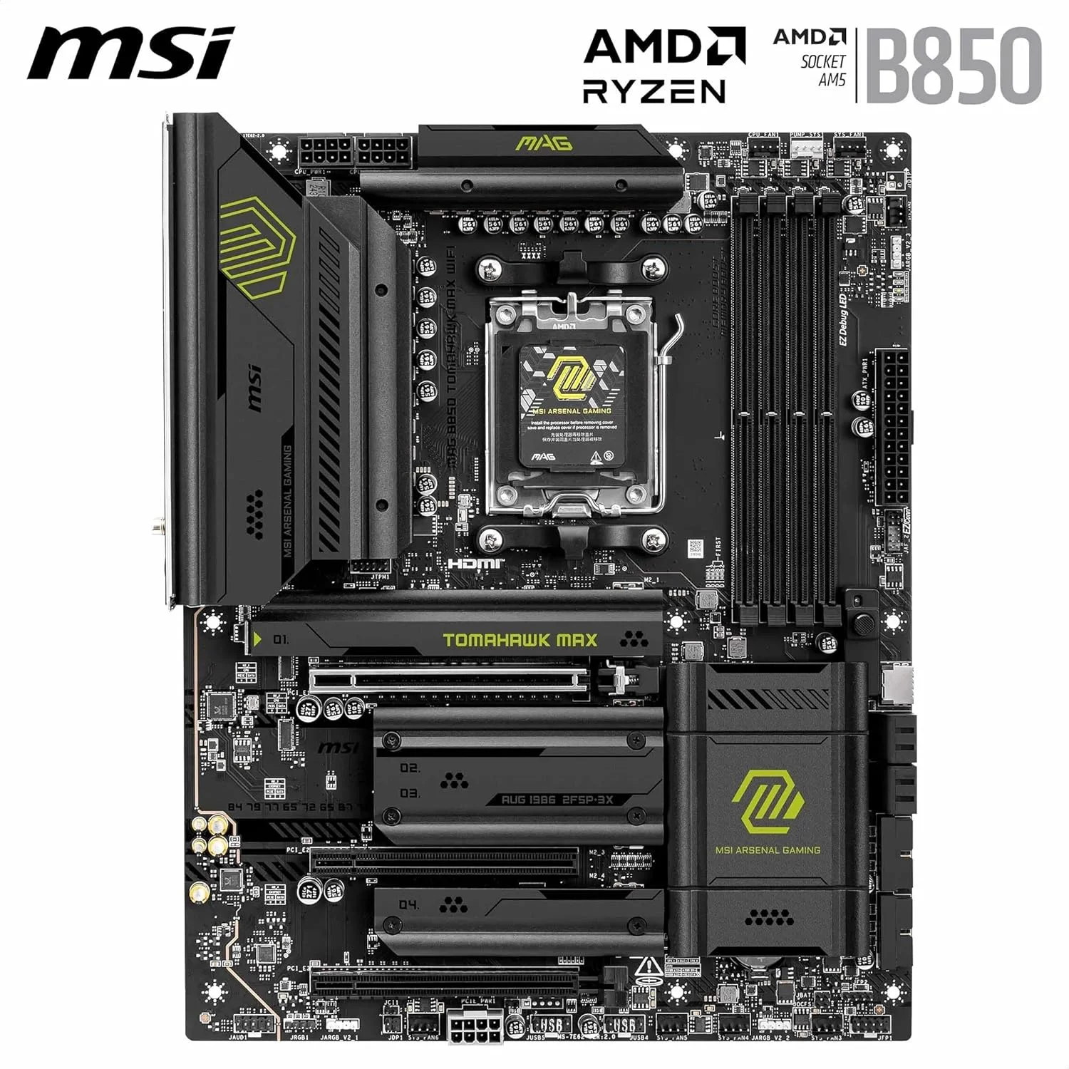 مادربرد MSI MAG B850 Tomahawk MAX WiFi V1، ATX - پشتیبانی از پردازنده‌های AMD Ryzen 9000/8000/7000، سوکت AM5، VRM با SPS 80A، پشتیبانی از حافظه DDR5 با سرعت 8400+ MT/s (OC)، PCIe 5.0 x16، M.2 Gen5، Wi-Fi 7، LAN 5G