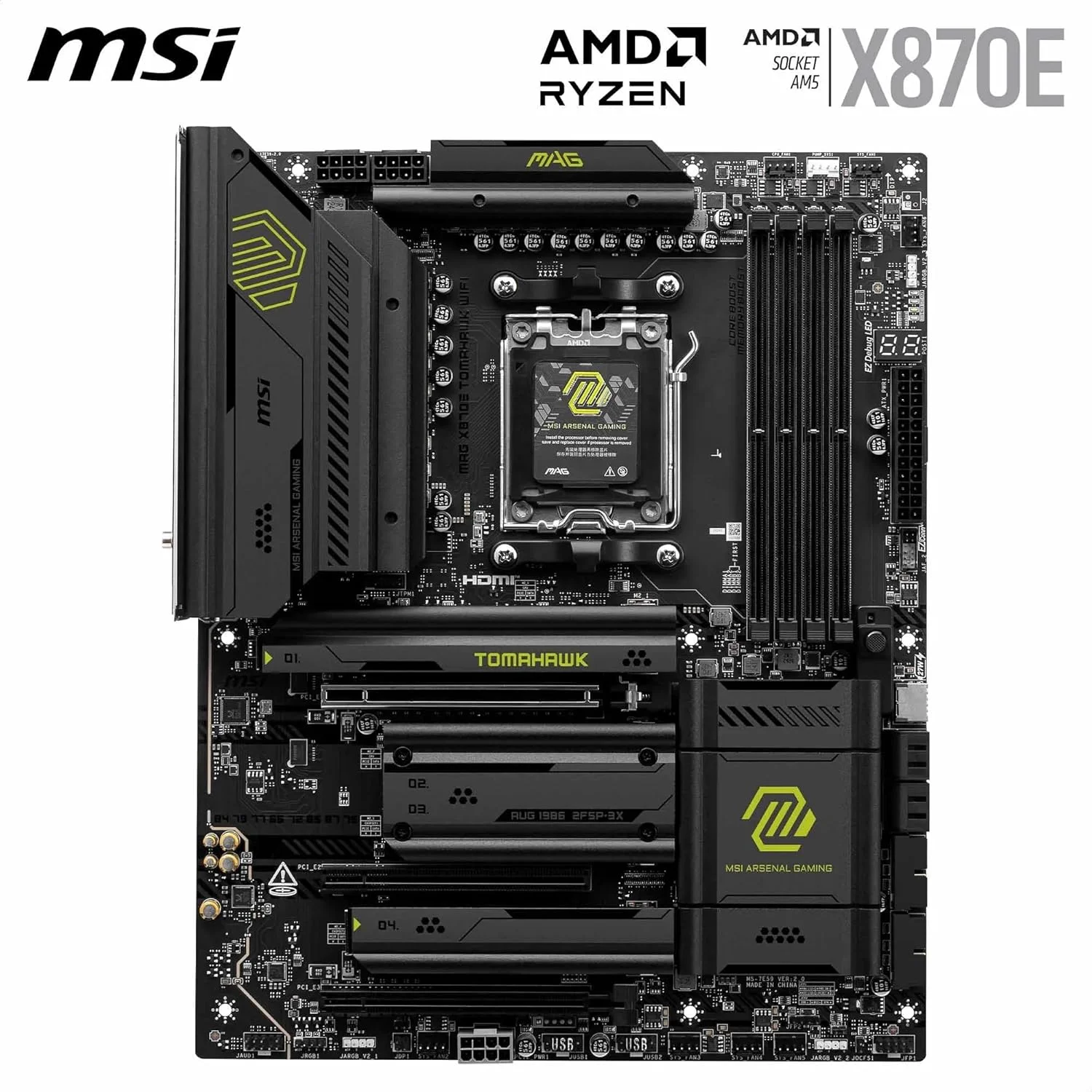 مادربرد MSI MAG X870E Tomahawk WiFi، ATX - پشتیبانی از پردازنده‌های AMD Ryzen 9000/8000/7000، AM5-80A SPS VRM، تقویت حافظه DDR5 8400+ MT/s (OC)، PCIe 5.0 x16، M.2 Gen5، Wi-Fi 7، 5G LAN