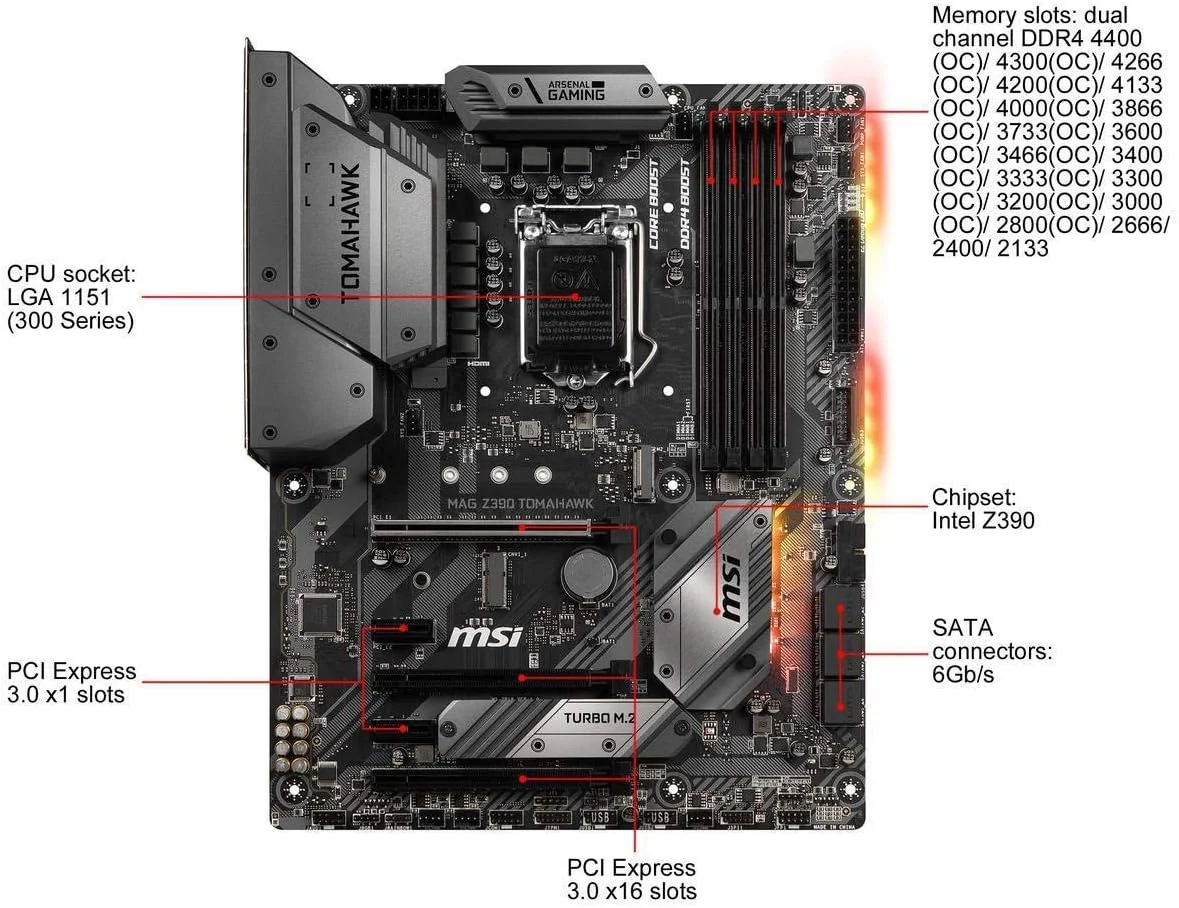مادربرد گیمینگ MSI MAG Z390 Tomahawk LGA1151 (نسل 8 و 9 اینتل) M.2 USB 3.1 Gen 2 DDR4 HDMI DP CFX Dual Gigabit LAN ATX Z390 مادربرد گیمینگ MSI MAG Z390 Tomahawk LGA1151 (نسل 8 و 9 اینتل) M.2 USB 3.1 Gen 2 DDR4 HDMI DP CFX Dual Gigabit LAN ATX Z390