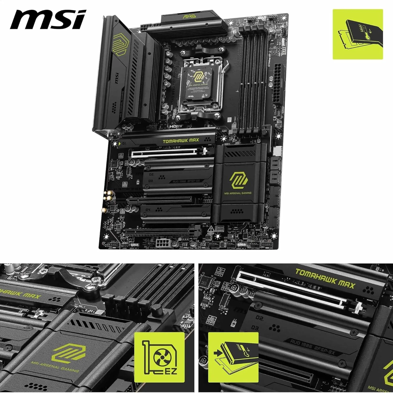 مادربرد MSI MAG B850 Tomahawk MAX WiFi V1، ATX - پشتیبانی از پردازنده‌های AMD Ryzen 9000/8000/7000، سوکت AM5، VRM با SPS 80A، پشتیبانی از حافظه DDR5 با سرعت 8400+ MT/s (OC)، PCIe 5.0 x16، M.2 Gen5، Wi-Fi 7، LAN 5G