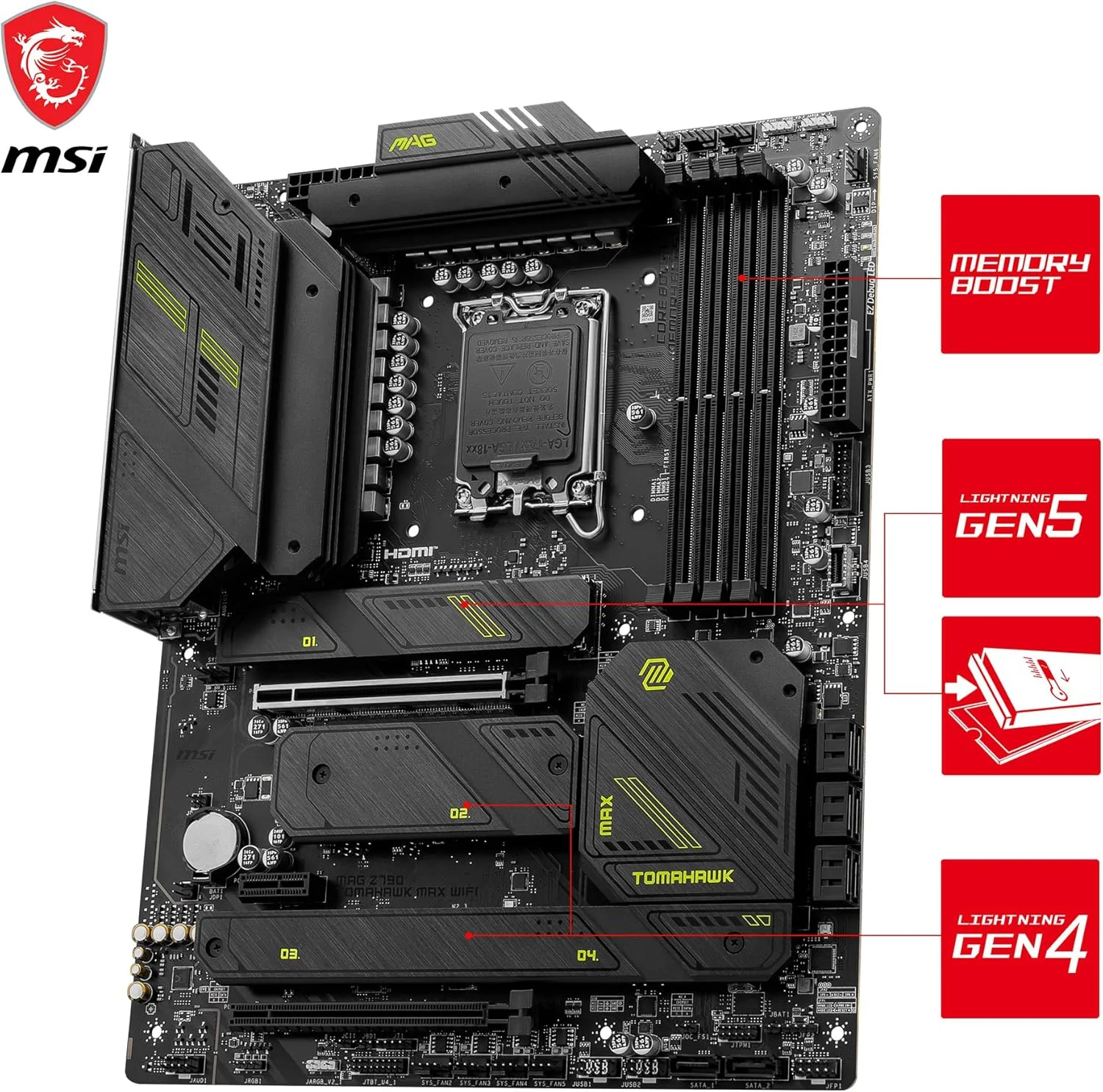 مادربرد گیمینگ MSI MAG Z790 Tomahawk MAX WiFi (پشتیبانی از پردازنده‌های نسل 12/13/14 اینتل، LGA 1700، DDR5، PCIe 5.0، M.2، SATA 6G، LAN 2.5Gbps، USB 3.2 Gen2، Wi-Fi 7، بلوتوث 5.4، ATX)