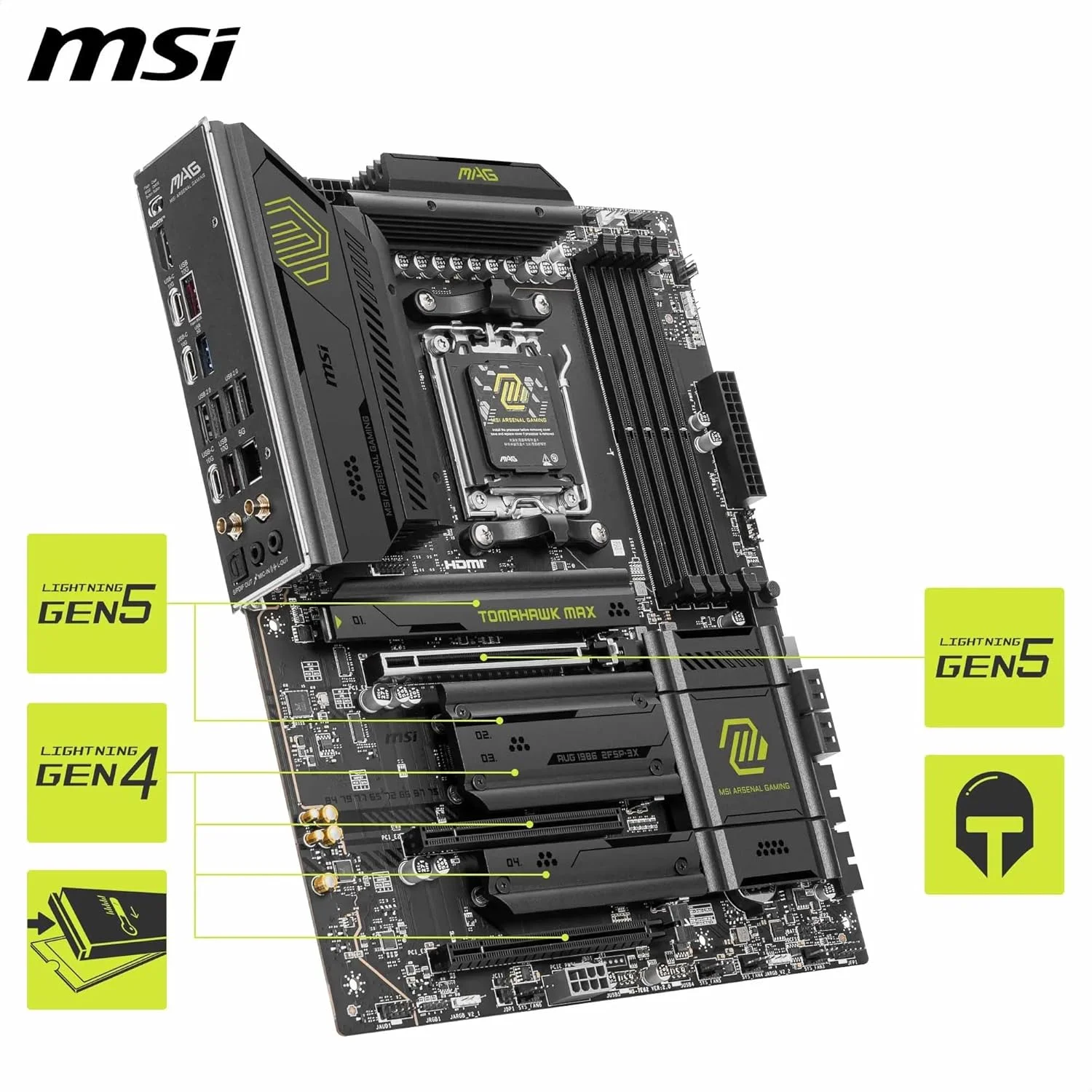 مادربرد MSI MAG B850 Tomahawk MAX WiFi V1، ATX - پشتیبانی از پردازنده‌های AMD Ryzen 9000/8000/7000، سوکت AM5، VRM با SPS 80A، پشتیبانی از حافظه DDR5 با سرعت 8400+ MT/s (OC)، PCIe 5.0 x16، M.2 Gen5، Wi-Fi 7، LAN 5G