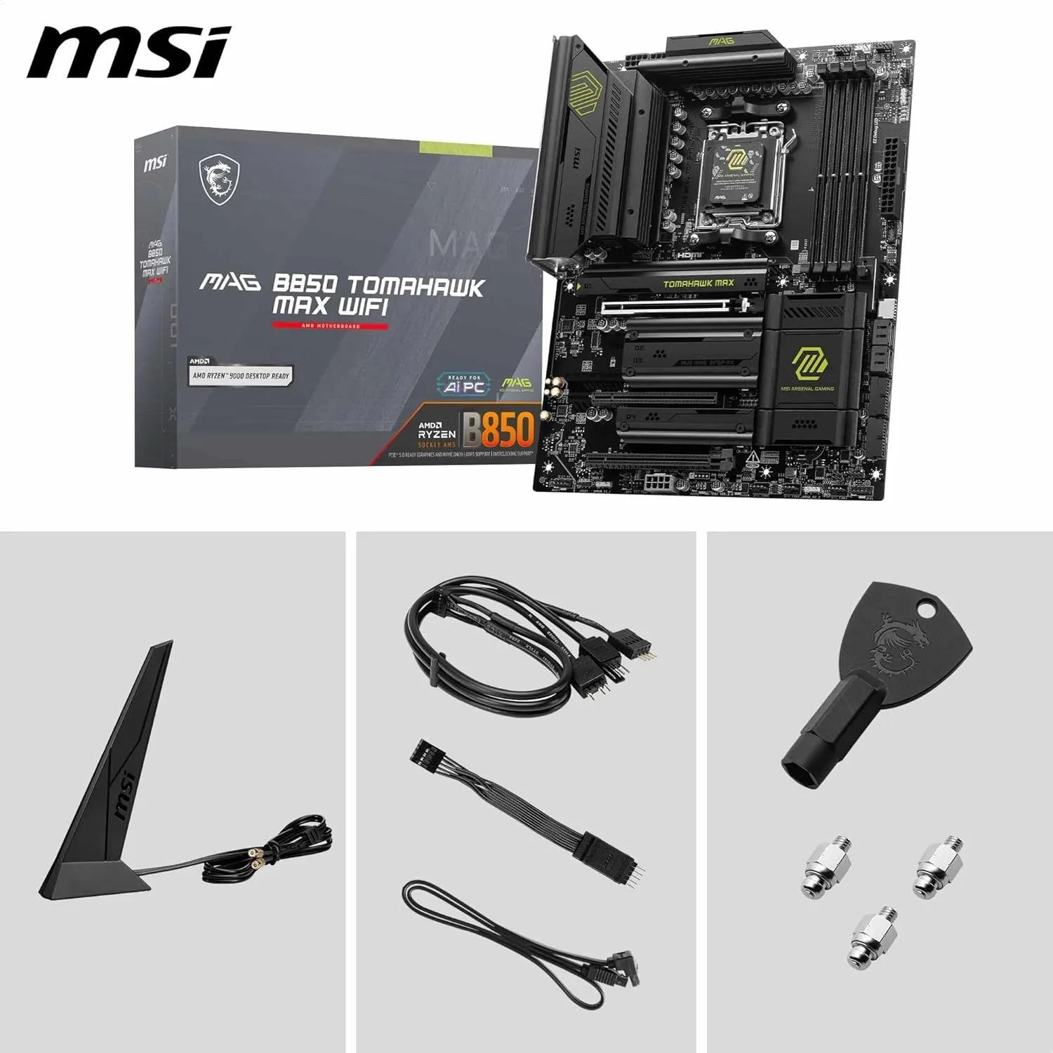 مادربرد MSI MAG B850 Tomahawk MAX WiFi V1، ATX - پشتیبانی از پردازنده‌های AMD Ryzen 9000/8000/7000، سوکت AM5، VRM با SPS 80A، پشتیبانی از حافظه DDR5 با سرعت 8400+ MT/s (OC)، PCIe 5.0 x16، M.2 Gen5، Wi-Fi 7، LAN 5G