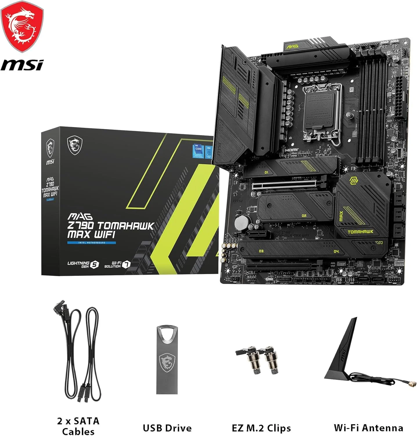 مادربرد گیمینگ MSI MAG Z790 Tomahawk MAX WiFi (پشتیبانی از پردازنده‌های نسل 12/13/14 اینتل، LGA 1700، DDR5، PCIe 5.0، M.2، SATA 6G، LAN 2.5Gbps، USB 3.2 Gen2، Wi-Fi 7، بلوتوث 5.4، ATX)