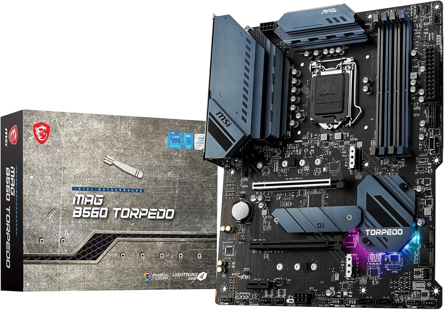 مادربرد گیمینگ MSI MAG B560 TORPEDO ATX، پشتیبانی از پردازنده‌های نسل 11 اینتل Core، LGA 1200، Mystic Light، DDR4 Boost (5066MHz/OC)، 2 x PCIe 4.0/3.0 x16، 3 x M.2 Gen4/3، 2.5G + 1G LAN