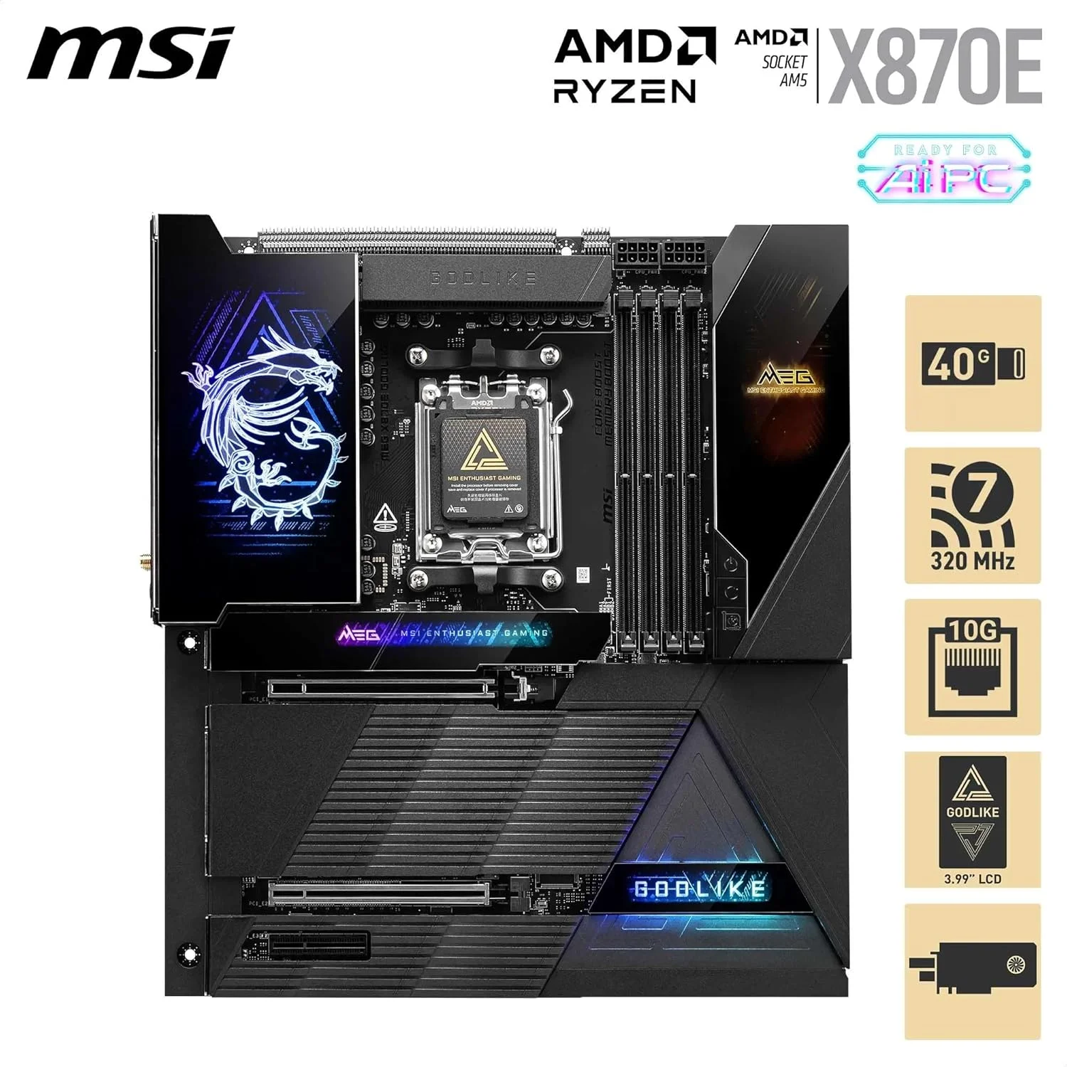 مادربرد MSI MEG X870E GODLIKE, E-ATX - پشتیبانی از پردازنده‌های AMD Ryzen 9000/8000/7000، سوکت AM5 - Dynamic Dashboard III، EZ Slide M.2، 110A SPS، حافظه DDR5 (سرعت 9000+ MT/s OC)، M.2 و PCIe 5.0، USB4، Wi-Fi 7، 10G LAN