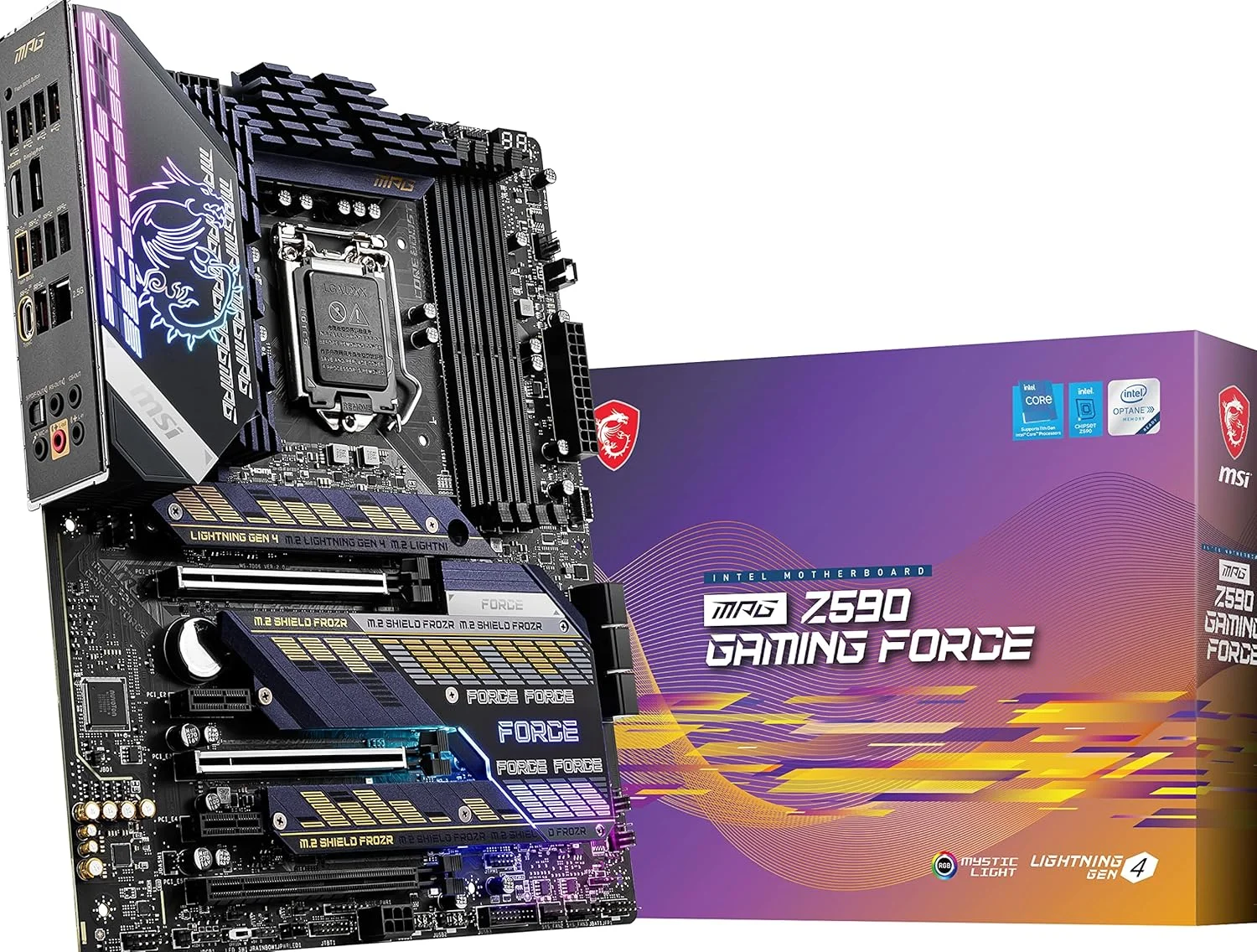 مادربرد گیمینگ MSI MPG Z590 GAMING FORCE ATX، پشتیبانی از پردازنده‌های نسل 11 اینتل، LGA 1200 - Mystic Light، 16 Duet Rail 75A VRM، DDR4 Boost (5333 مگاهرتز/OC)، 2x PCIe 4.0 x16، 3x M.2 Gen4 /3x4