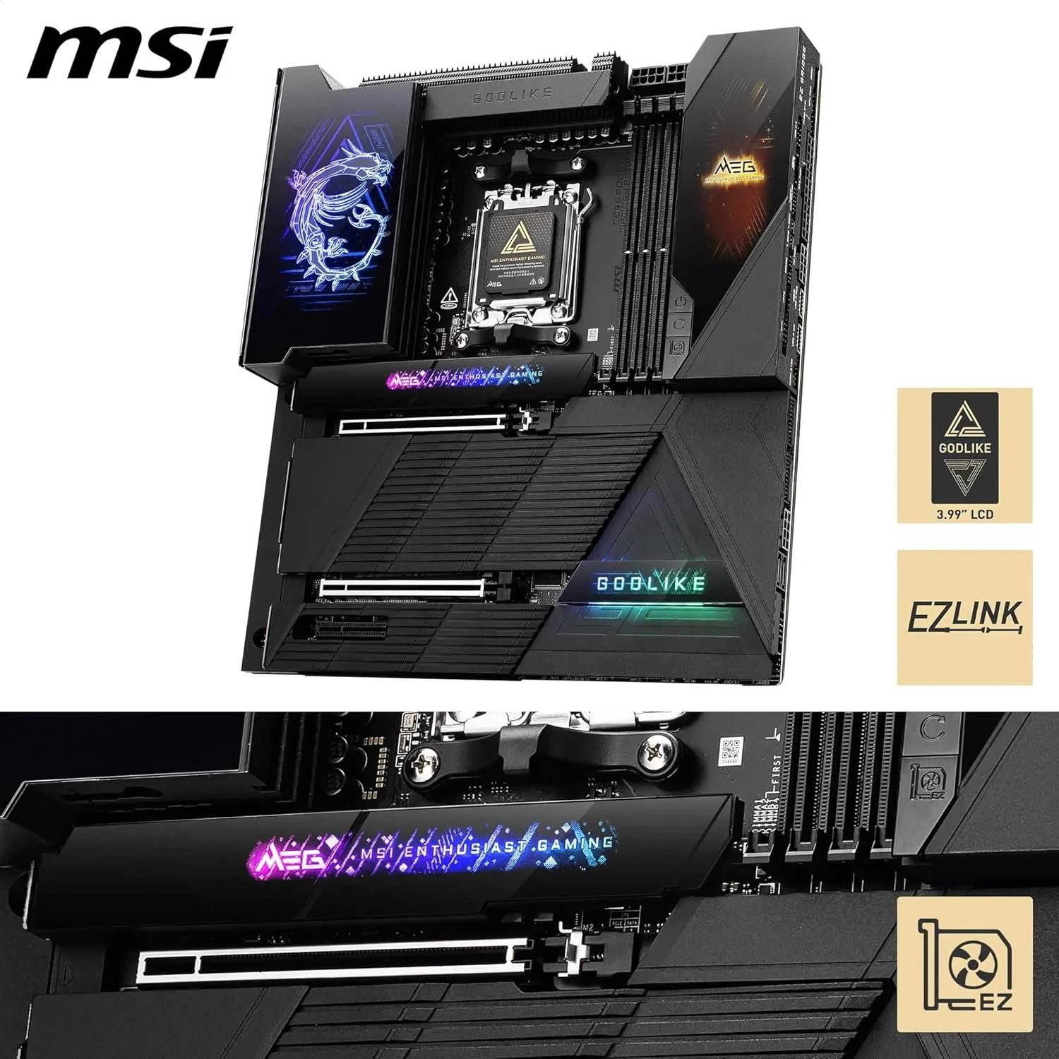مادربرد MSI MEG X870E GODLIKE, E-ATX - پشتیبانی از پردازنده‌های AMD Ryzen 9000/8000/7000، سوکت AM5 - Dynamic Dashboard III، EZ Slide M.2، 110A SPS، حافظه DDR5 (سرعت 9000+ MT/s OC)، M.2 و PCIe 5.0، USB4، Wi-Fi 7، 10G LAN