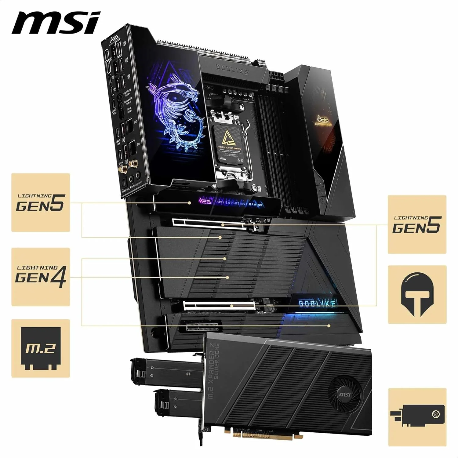 مادربرد MSI MEG X870E GODLIKE, E-ATX - پشتیبانی از پردازنده‌های AMD Ryzen 9000/8000/7000، سوکت AM5 - Dynamic Dashboard III، EZ Slide M.2، 110A SPS، حافظه DDR5 (سرعت 9000+ MT/s OC)، M.2 و PCIe 5.0، USB4، Wi-Fi 7، 10G LAN