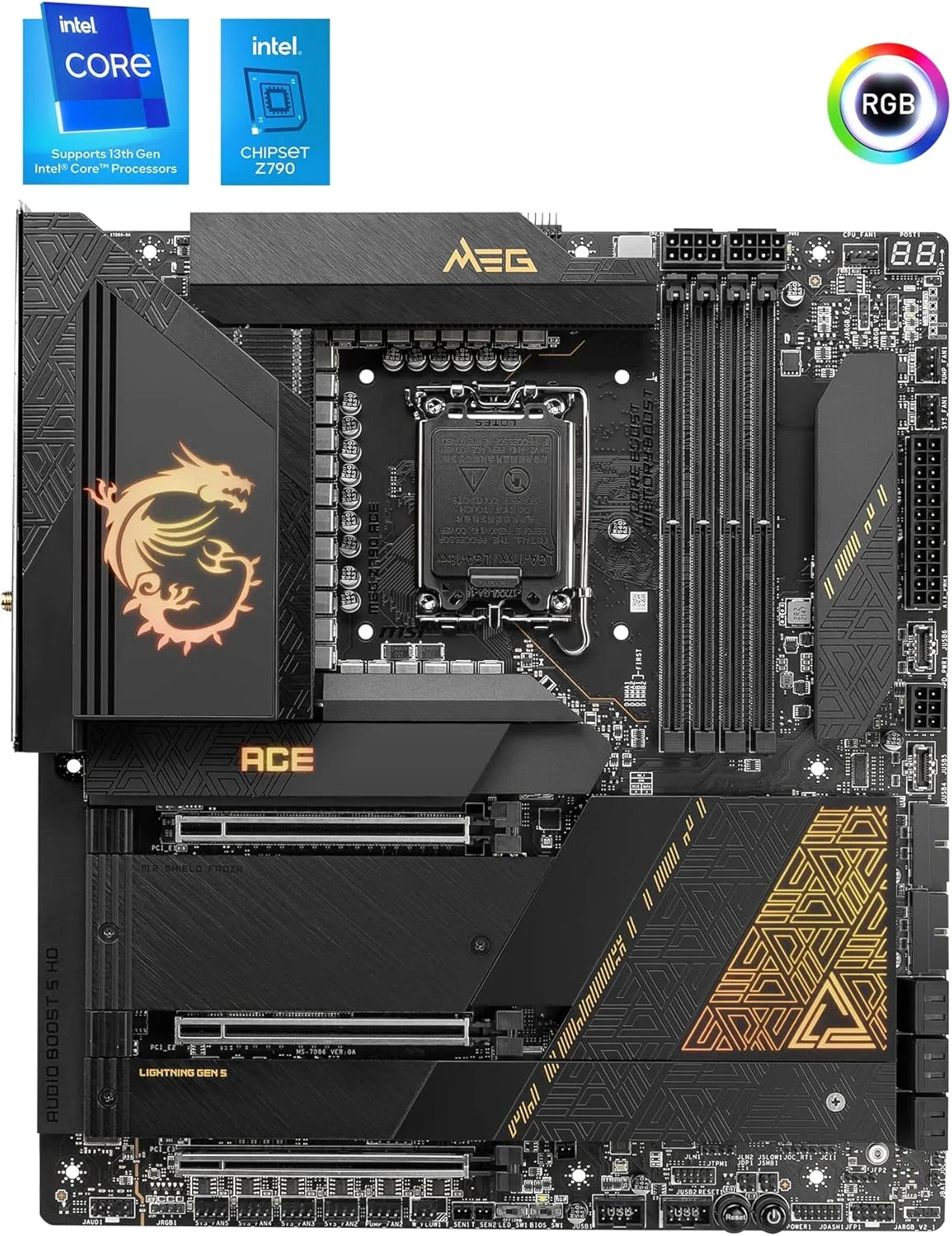 مادربرد MSI MEG Z790 ACE E-ATX - پشتیبانی از پردازنده های نسل 12/13 اینتل، LGA 1700، DDR5 Boost (7800+MHz/OC)، 2x PCIe 5.0 x16، 1x PCIe 4.0 x16، 1 x M.2 Gen5، 4 x M.2 Gen4، LAN 2.5Gbps، Wi-Fi 6E مادربرد MSI MEG Z790 ACE E-ATX - پشتیبانی از پردازنده های نسل 12/13 اینتل، LGA 1700، DDR5 Boost (7800+MHz/OC)، 2x PCIe 5.0 x16، 1x PCIe 4.0 x16، 1 x M.2 Gen5، 4 x M.2 Gen4، LAN 2.5Gbps، Wi-Fi 6E
