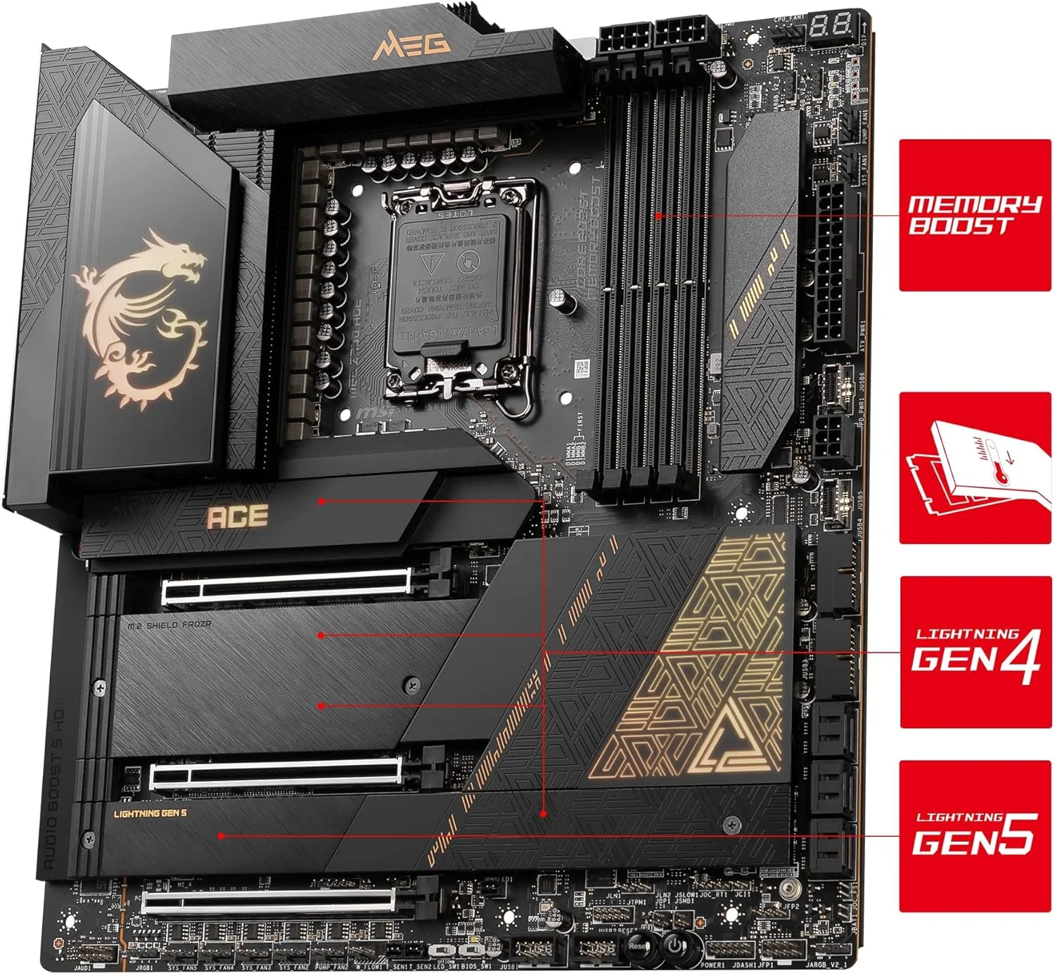 مادربرد MSI MEG Z790 ACE E-ATX - پشتیبانی از پردازنده های نسل 12/13 اینتل، LGA 1700، DDR5 Boost (7800+MHz/OC)، 2x PCIe 5.0 x16، 1x PCIe 4.0 x16، 1 x M.2 Gen5، 4 x M.2 Gen4، LAN 2.5Gbps، Wi-Fi 6E مادربرد MSI MEG Z790 ACE E-ATX - پشتیبانی از پردازنده های نسل 12/13 اینتل، LGA 1700، DDR5 Boost (7800+MHz/OC)، 2x PCIe 5.0 x16، 1x PCIe 4.0 x16، 1 x M.2 Gen5، 4 x M.2 Gen4، LAN 2.5Gbps، Wi-Fi 6E