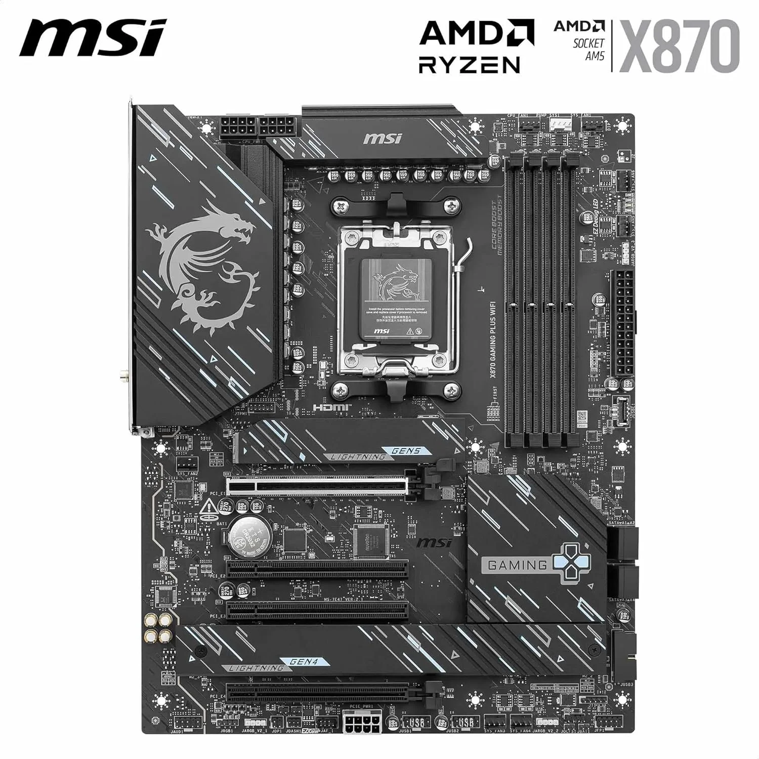 مادربرد MSI X870 Gaming Plus WiFi V1، ATX - پشتیبانی از پردازنده های AMD Ryzen 9000/8000/7000، AM5-60A SPS VRM، تقویت حافظه DDR5 8200+ MT/s (OC)، PCIe 5.0 x16 & 4.0 x16، M.2 Gen5، Wi-Fi 7، 5G LAN