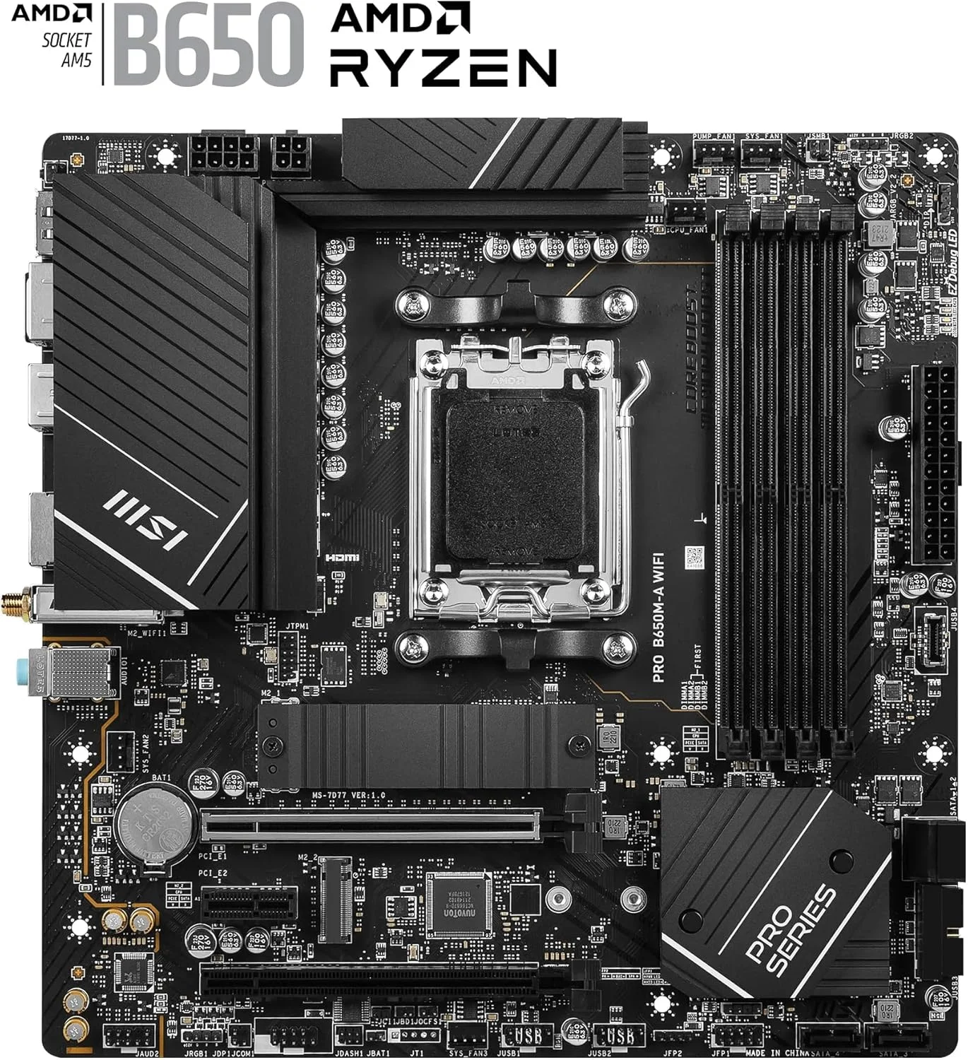 مادربرد MSI PRO B650M-A WIFI AM5 Micro-ATX، چیپست AMD B650، 4 اسلات DDR5 دو کاناله، حداکثر حافظه 128 گیگابایت، Wi-Fi 6E، 2x PCI-E x16، 2x M.2، 1x HDMI، 1x DP مادربرد MSI PRO B650M-A WIFI AM5 Micro-ATX، چیپست AMD B650، 4 اسلات DDR5 دو کاناله، حداکثر حافظه 128 گیگابایت، Wi-Fi 6E، 2x PCI-E x16، 2x M.2، 1x HDMI، 1x DP