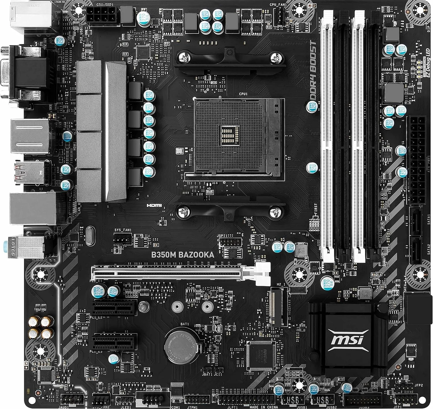 مادربرد MSI مدل B350M BAZOOKA چیپست AMD B350 سوکت AM4 حافظه DDR4 یک عدد PCI Express 3.0 x 16 فرم Micro ATX نسخه Retail مادربرد MSI مدل B350M BAZOOKA چیپست AMD B350 سوکت AM4 حافظه DDR4 یک عدد PCI Express 3.0 x 16 فرم Micro ATX نسخه Retail