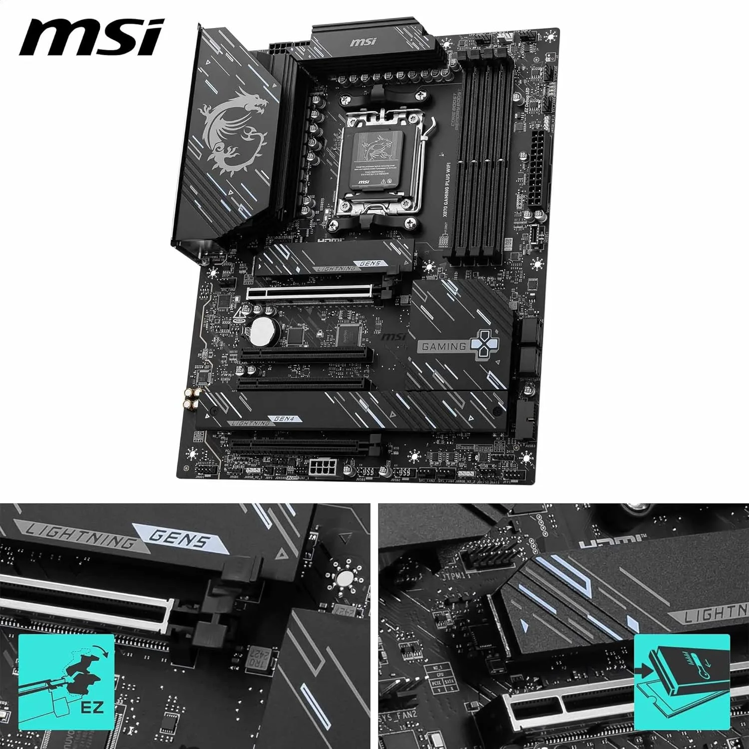 مادربرد MSI X870 Gaming Plus WiFi V1، ATX - پشتیبانی از پردازنده های AMD Ryzen 9000/8000/7000، AM5-60A SPS VRM، تقویت حافظه DDR5 8200+ MT/s (OC)، PCIe 5.0 x16 & 4.0 x16، M.2 Gen5، Wi-Fi 7، 5G LAN