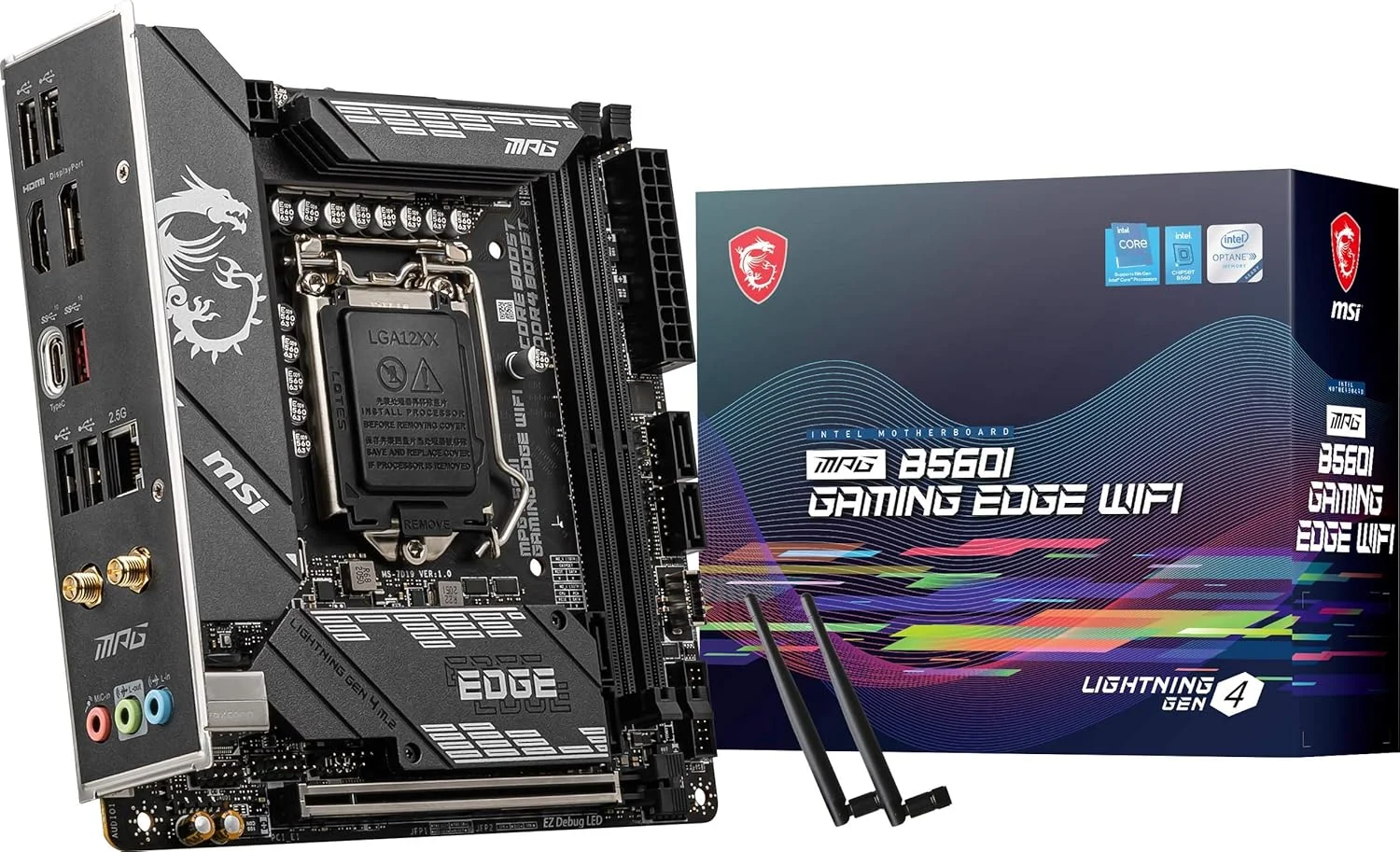 مادربرد گیمینگ MSI MPG B560I Gaming Edge WiFi (m-ITX، نسل 11/10 پردازنده Intel Core، سوکت LGA 1200، DDR4، CFX، اسلات های M.2، USB 3.2 Gen 2، LAN 2.5G، DP/HDMI، Wi-Fi 6E)