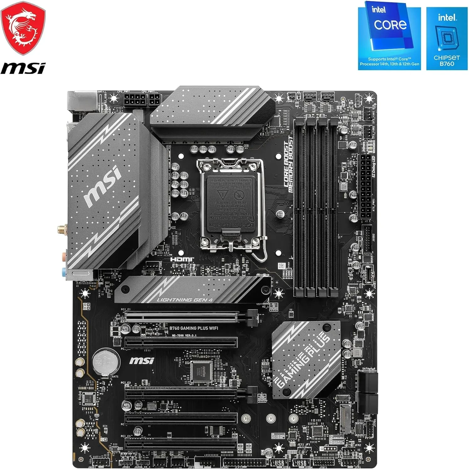 مادربرد گیمینگ MSI B760 Gaming Plus WiFi ATX، پشتیبانی از پردازنده‌های نسل 12/13/14 اینتل، LGA 1700، DDR5، PCIe 4.0، M.2، LAN 2.5 گیگابیتی، USB 3.2 Gen2، HDMI/DP، Wi-Fi 6E، بلوتوث 5.3