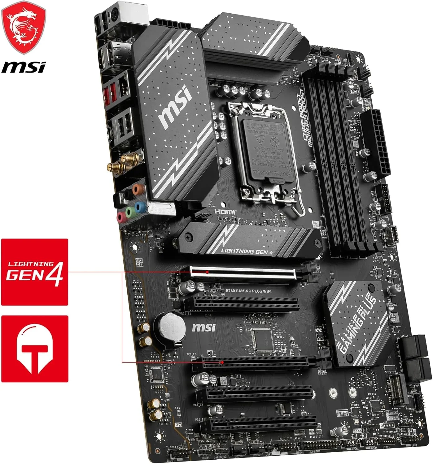مادربرد گیمینگ MSI B760 Gaming Plus WiFi ATX، پشتیبانی از پردازنده‌های نسل 12/13/14 اینتل، LGA 1700، DDR5، PCIe 4.0، M.2، LAN 2.5 گیگابیتی، USB 3.2 Gen2، HDMI/DP، Wi-Fi 6E، بلوتوث 5.3