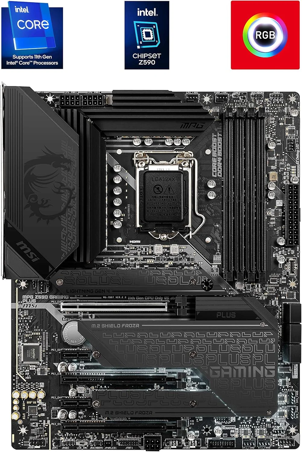 مادربرد گیمینگ MSI MPG Z590 Gaming Plus (ATX، نسل 11/10 پردازنده های Intel Core، سوکت LGA 1200، DDR4، PCIe 4، CFX، اسلات های M.2، USB 3.2 Gen 2، DP/HDMI، Mystic Light RGB) مادربرد گیمینگ MSI MPG Z590 Gaming Plus (ATX، نسل 11/10 پردازنده های Intel Core، سوکت LGA 1200، DDR4، PCIe 4، CFX، اسلات های M.2، USB 3.2 Gen 2، DP/HDMI، Mystic Light RGB)