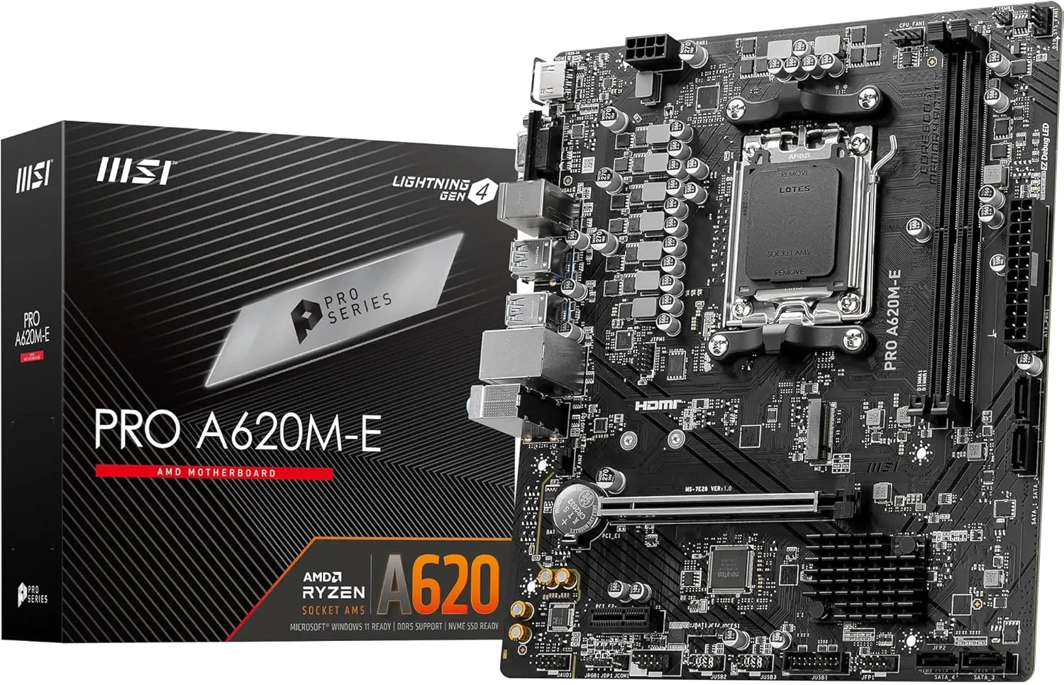 مادربرد MSI PRO A620M-E، Micro-ATX - پشتیبانی از پردازنده های AMD Ryzen سری 7000، AM5 - تقویت حافظه DDR5 6400+MHz/OC، 1 x PCIe 4.0 x16، 1 x M.2 Gen4