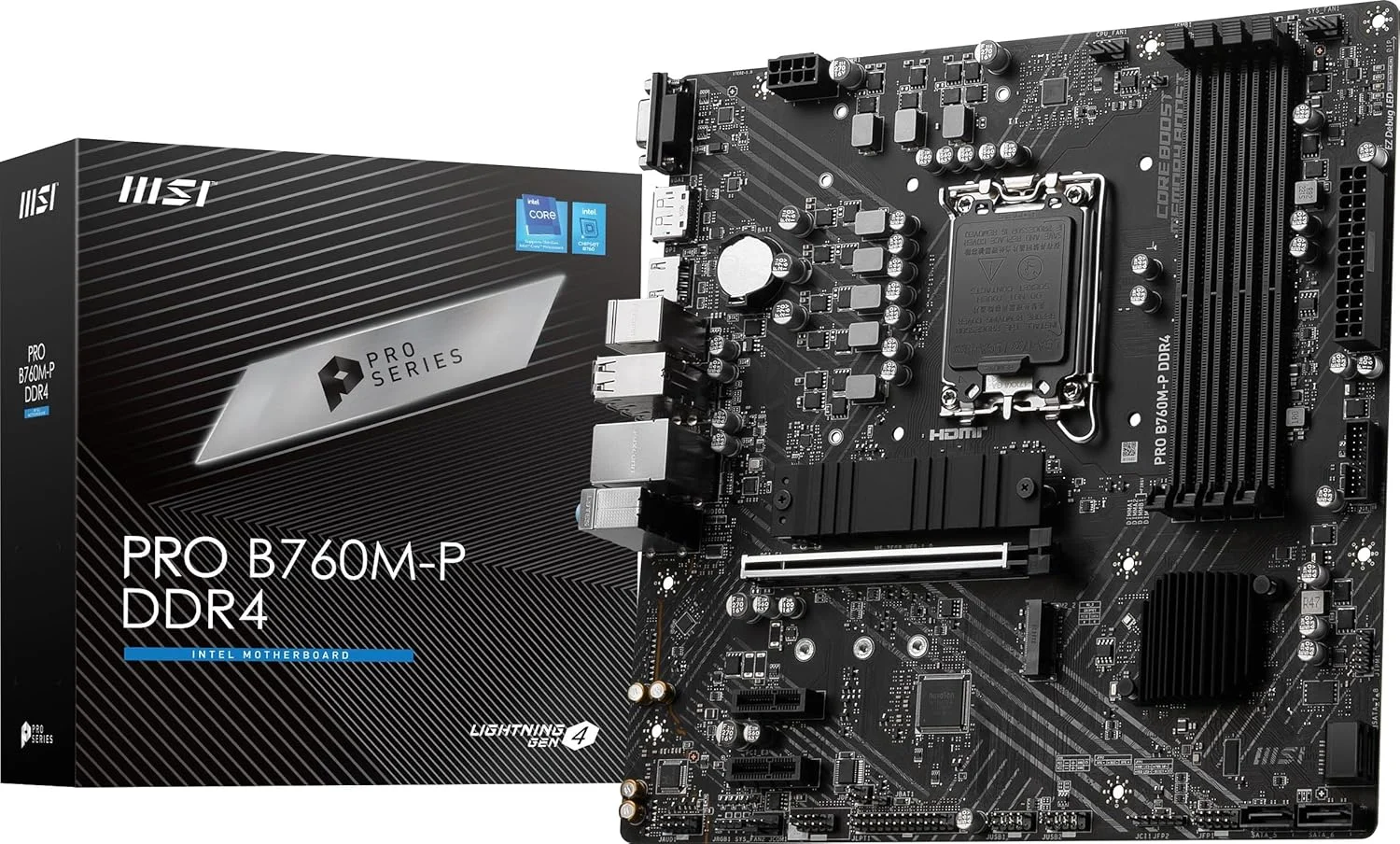 مادربرد ام اس آی PRO B760M-P DDR4 ProSeries (پشتیبانی از پردازنده‌های نسل 12/13 اینتل، LGA 1700، DDR4، PCIe 4.0، M.2، Gbps LAN، USB 3.2 Gen2، mATX)