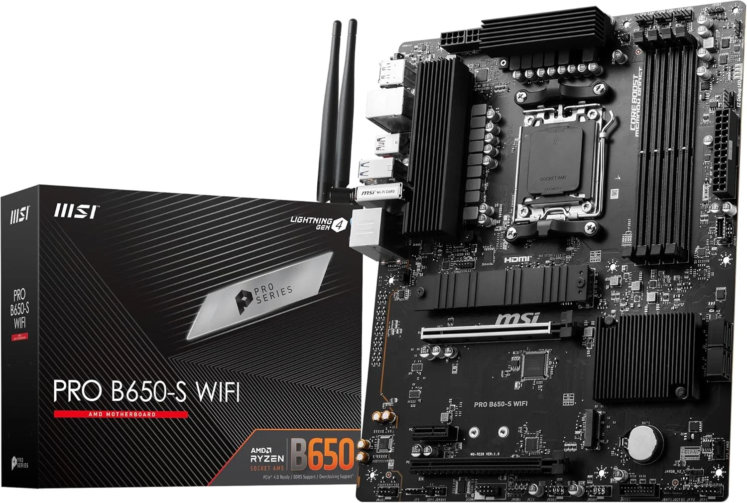 مادربرد ام اس آی PRO B650-S WIFI، ATX - پشتیبانی از پردازنده های سری AMD Ryzen 9000/8000/7000، سوکت AM5 - افزایش حافظه DDR5 6000+MHz/OC، 2 x PCIe 4.0 x16، 2 x M.2 Gen4، Wi-Fi 6E