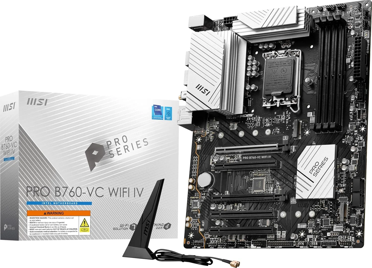 مادربرد ام اس آی MSI PRO B760-VC WIFI IV ProSeries (پشتیبانی از پردازنده‌های نسل 14/13/12 اینتل، LGA 1700، DDR5، PCIe 4.0، اسلات‌های M.2، LAN 2.5Gbps، USB 3.2 Gen2، Wi-Fi 7، بلوتوث 5.4، ATX)