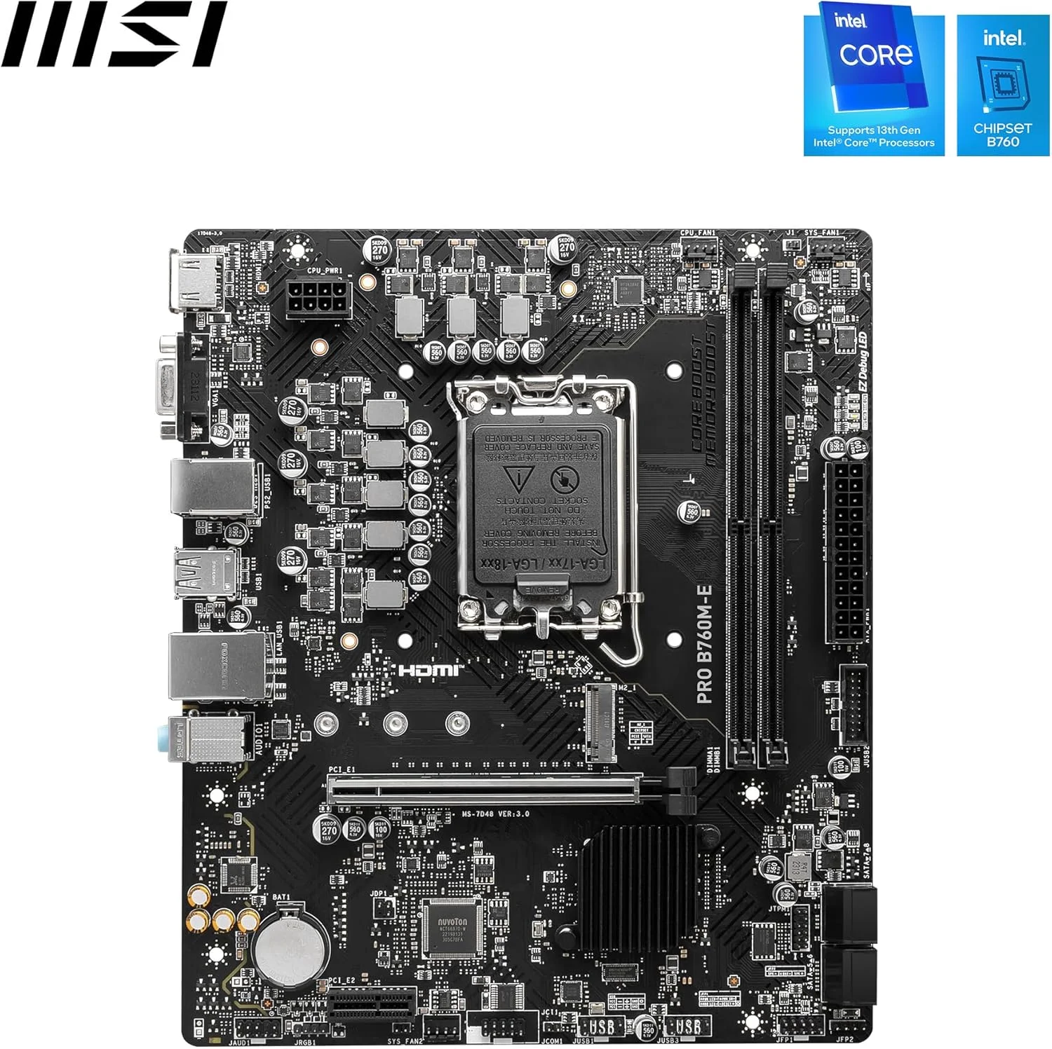 مادربرد MSI PRO B760M-E، Micro-ATX - پشتیبانی از پردازنده های نسل 12 و 13 اینتل Core، LGA 1700 - تقویت حافظه DDR5 5600MHz، اسلات PCIe 4.0 x16، اسلات M.2 Gen4 مادربرد MSI PRO B760M-E، Micro-ATX - پشتیبانی از پردازنده های نسل 12 و 13 اینتل Core، LGA 1700 - تقویت حافظه DDR5 5600MHz، اسلات PCIe 4.0 x16، اسلات M.2 Gen4