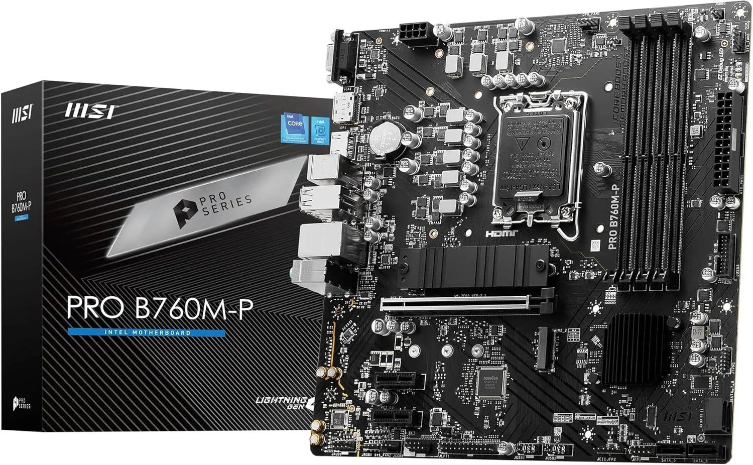 مادربرد گیمینگ MSI PRO B760M-P: 4x DDR5، M.2 Shield Frozr، Audio Boost، Lightning Gen 4، LGA 1700، 1x HDMI، Realtek RTL8111H Gigabit LAN، 4x EZ Debug LED، Core Boost، Memory Boost - مشکی