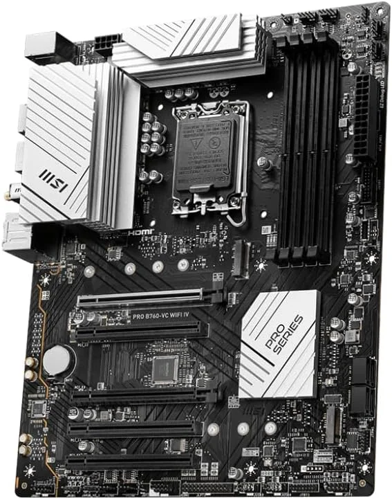 مادربرد ام اس آی MSI PRO B760-VC WIFI IV ProSeries (پشتیبانی از پردازندههای نسل 14/13/12 اینتل، LGA 1700، DDR5، PCIe 4.0، اسلاتهای M.2، LAN 2.5Gbps، USB 3.2 Gen2، Wi-Fi 7، بلوتوث 5.4، ATX) مادربرد ام اس آی MSI PRO B760-VC WIFI IV ProSeries (پشتیبانی از پردازندههای نسل 14/13/12 اینتل، LGA 1700، DDR5، PCIe 4.0، اسلاتهای M.2، LAN 2.5Gbps، USB 3.2 Gen2، Wi-Fi 7، بلوتوث 5.4، ATX)