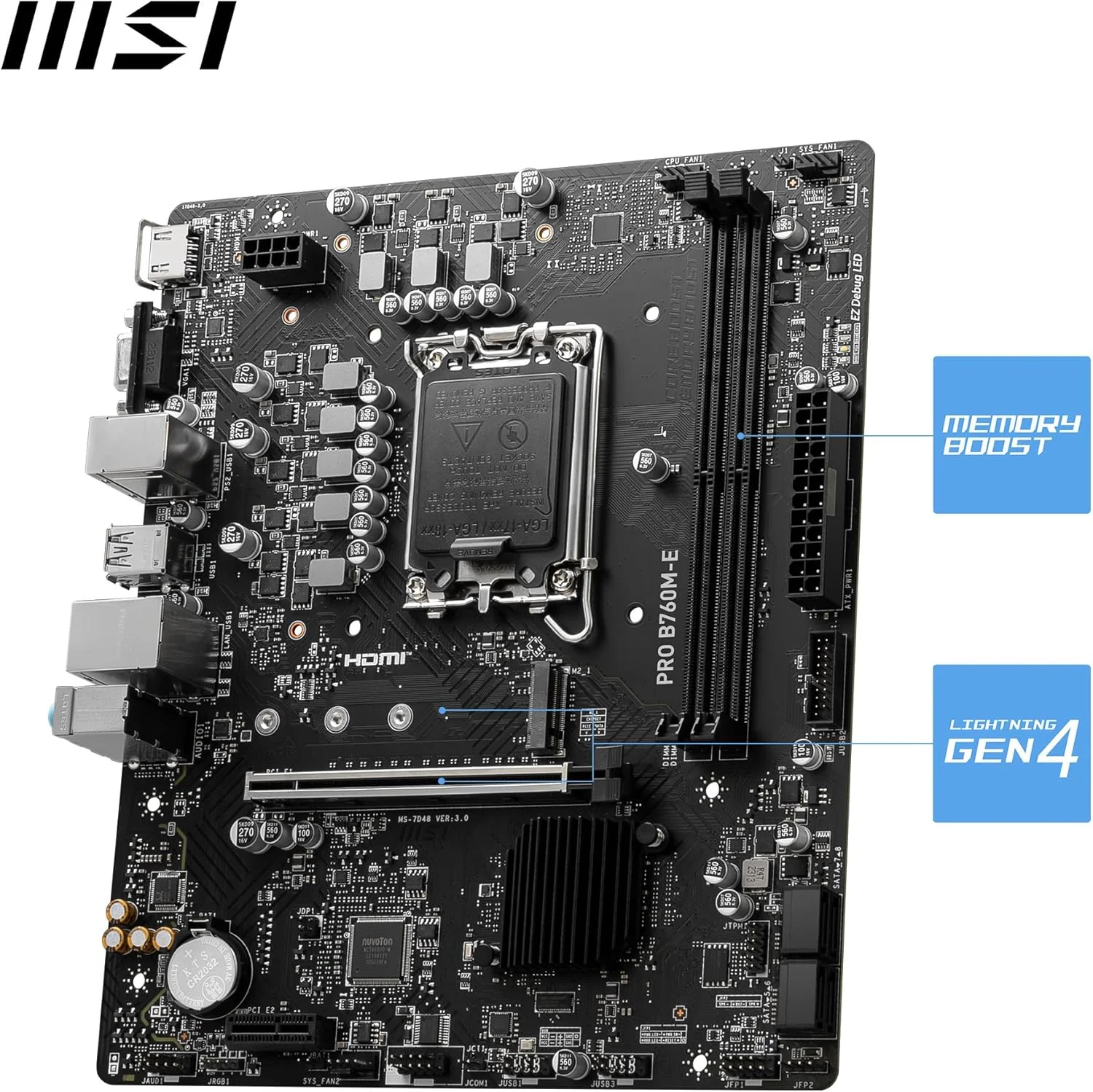 مادربرد MSI PRO B760M-E، Micro-ATX - پشتیبانی از پردازنده های نسل 12 و 13 اینتل Core، LGA 1700 - تقویت حافظه DDR5 5600MHz، اسلات PCIe 4.0 x16، اسلات M.2 Gen4 مادربرد MSI PRO B760M-E، Micro-ATX - پشتیبانی از پردازنده های نسل 12 و 13 اینتل Core، LGA 1700 - تقویت حافظه DDR5 5600MHz، اسلات PCIe 4.0 x16، اسلات M.2 Gen4