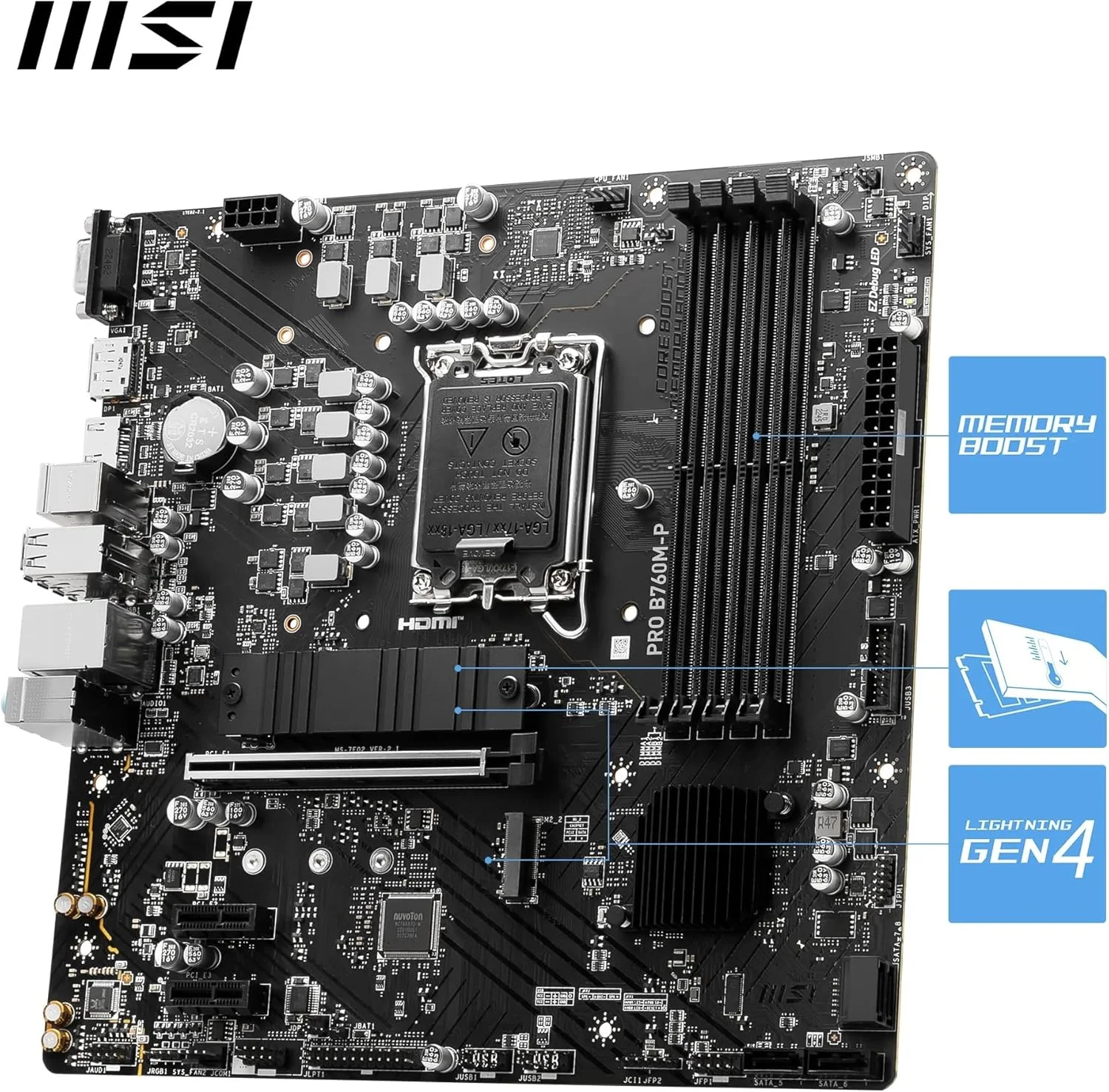 مادربرد گیمینگ MSI PRO B760M-P: 4x DDR5، M.2 Shield Frozr، Audio Boost، Lightning Gen 4، LGA 1700، 1x HDMI، Realtek RTL8111H Gigabit LAN، 4x EZ Debug LED، Core Boost، Memory Boost - مشکی مادربرد گیمینگ MSI PRO B760M-P: 4x DDR5، M.2 Shield Frozr، Audio Boost، Lightning Gen 4، LGA 1700، 1x HDMI، Realtek RTL8111H Gigabit LAN، 4x EZ Debug LED، Core Boost، Memory Boost - مشکی