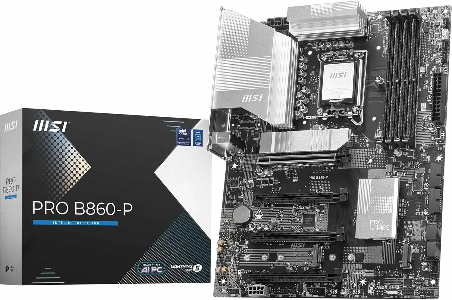 مادربرد MSI PRO B860-P ATX: سوکت پردازنده LGA 1851، چیپست Intel B860، حافظه 4x DDR5 UDIMM، پورت Thunderbolt 4، شبکه Realtek 8126 5G LAN، اسلات 4x PCI-E x16، حافظه 3x M.2 - مشکی