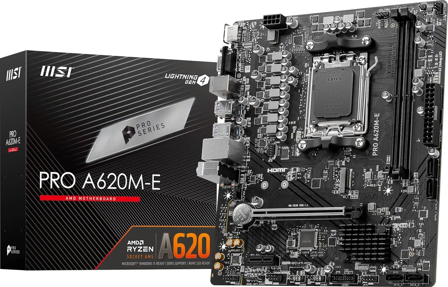 مادربرد MSI PRO A620M-E ProSeries (پردازنده های سری AMD 9000/8000/7000، سوکت AM5، DDR5، PCIe 4.0، SATA 6Gb/s، M.2، USB 3.2 Gen 1، DVI/HDMI، mATX)