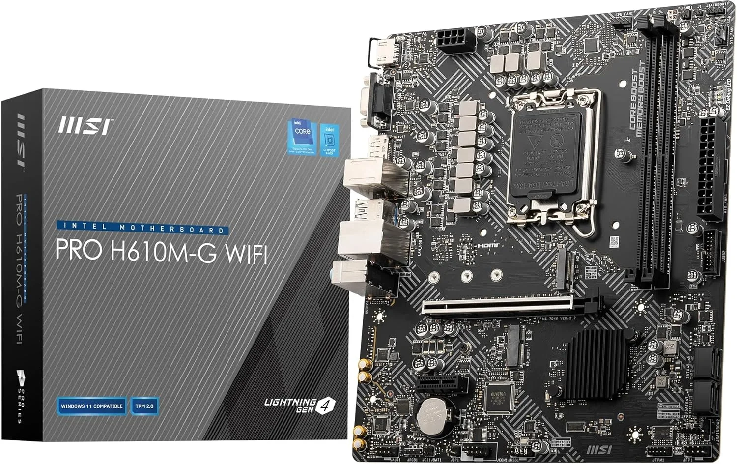 مادربرد MSI PRO H610M-G WiFi – Micro-ATX، پشتیبانی از پردازنده‌های نسل 12/13/14 اینتل Core، سوکت LGA 1700، تقویت حافظه DDR5 تا 5600 مگاهرتز/حداکثر، PCIe 4، LAN 1G، اسلات‌های M.2، USB 3.2، Wi-Fi 6E