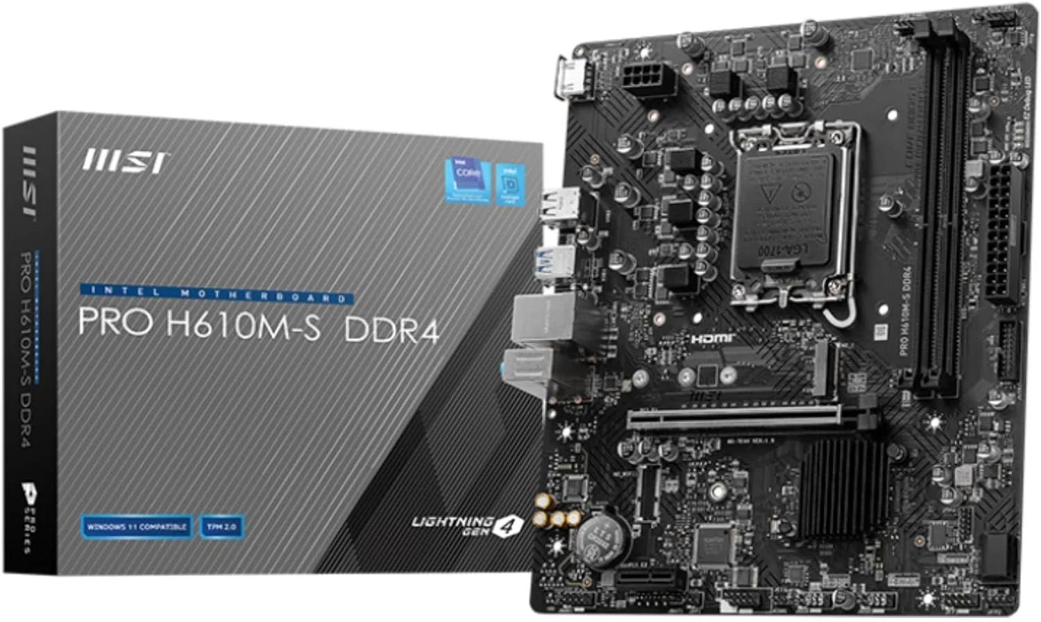 مادربرد گیمینگ MSI PRO H610M-S DDR4: چیپست Intel H610، سوکت LGA 1700، راهکار Lightning Gen4، محافظ فولادی PCI-E، دیباگ LED EZ، خنک کننده هوش مصنوعی Frozr، 2x DDR4، 1x HDMI - مشکی