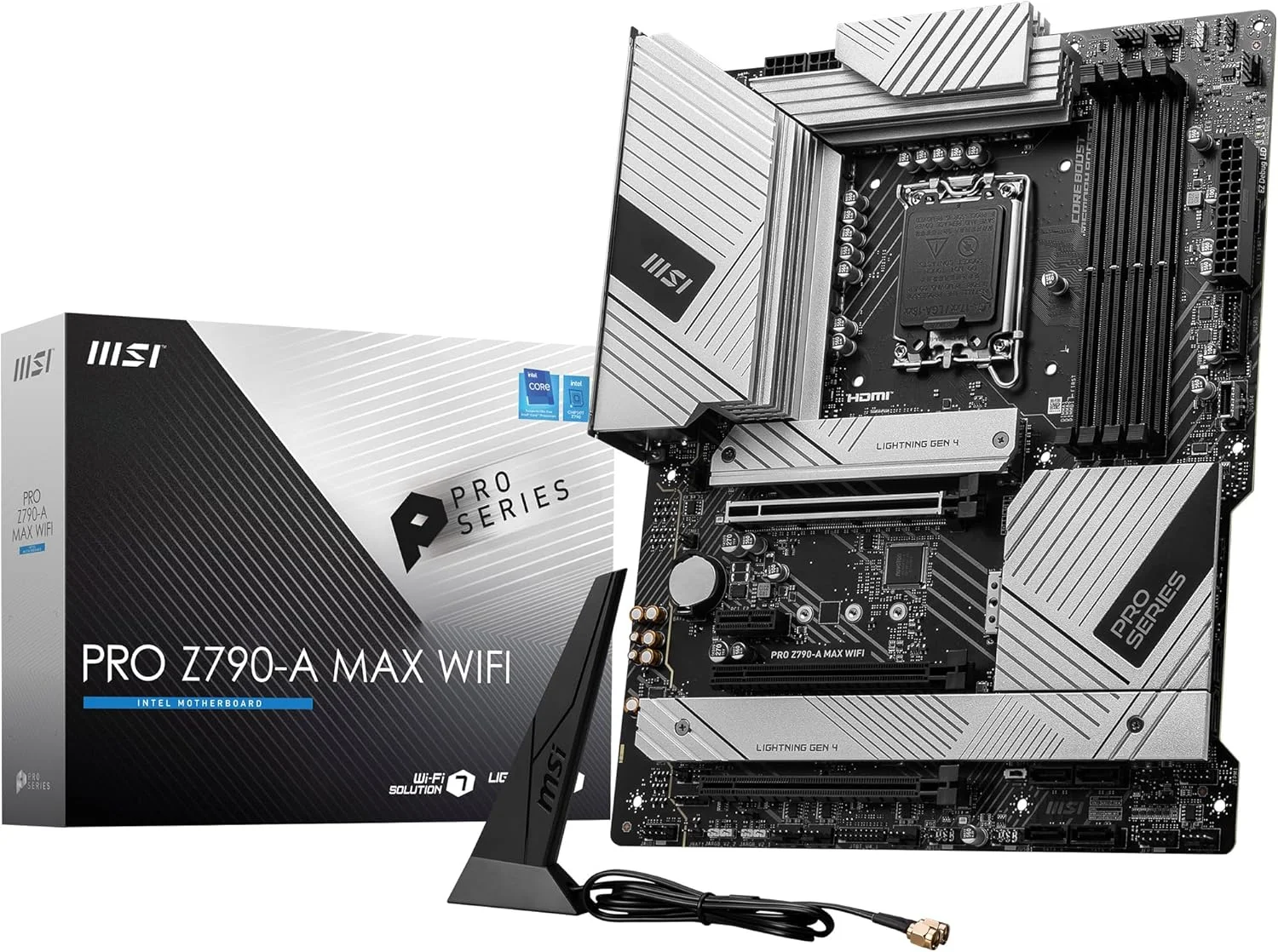 مادربرد MSI PRO Z790-A MAX WiFi ProSeries (پشتیبانی از پردازنده‌های نسل 12/13/14 اینتل، LGA 1700، DDR5، PCIe 5.0، M.2، SATA 6G، LAN 2.5 گیگابیتی، USB 3.2 Gen2، Wi-Fi 7، بلوتوث 5.4، ATX)
