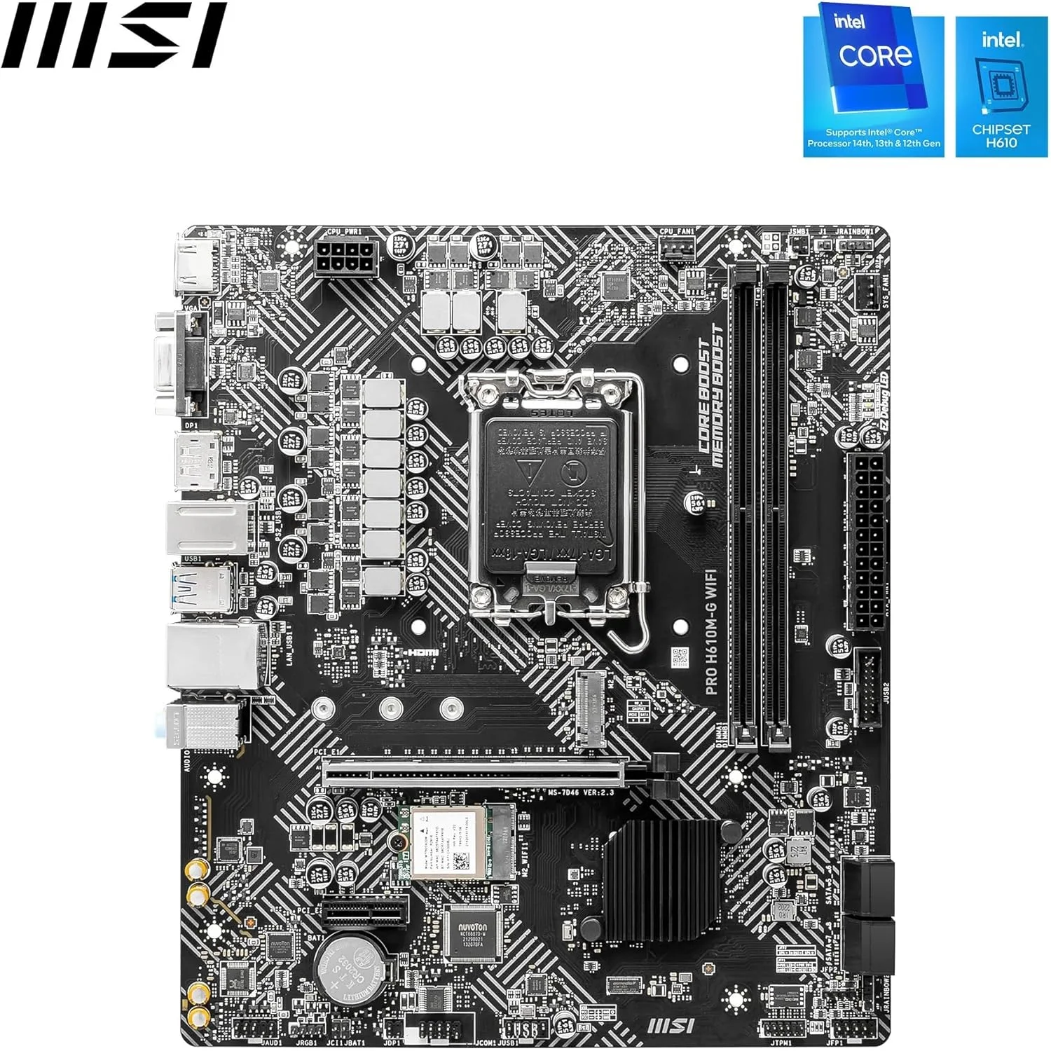مادربرد MSI PRO H610M-G WiFi – Micro-ATX، پشتیبانی از پردازندههای نسل 12/13/14 اینتل Core، سوکت LGA 1700، تقویت حافظه DDR5 تا 5600 مگاهرتز/حداکثر، PCIe 4، LAN 1G، اسلاتهای M.2، USB 3.2، Wi-Fi 6E مادربرد MSI PRO H610M-G WiFi – Micro-ATX، پشتیبانی از پردازندههای نسل 12/13/14 اینتل Core، سوکت LGA 1700، تقویت حافظه DDR5 تا 5600 مگاهرتز/حداکثر، PCIe 4، LAN 1G، اسلاتهای M.2، USB 3.2، Wi-Fi 6E
