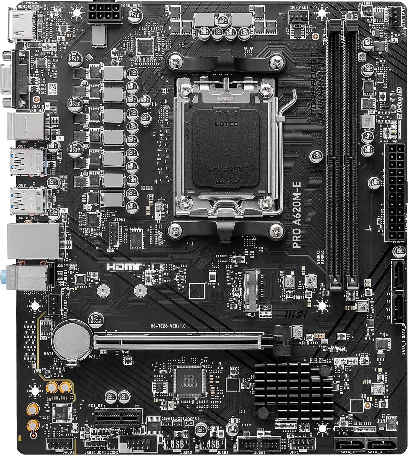 مادربرد MSI PRO A620M-E ProSeries (پردازنده های سری AMD 9000/8000/7000، سوکت AM5، DDR5، PCIe 4.0، SATA 6Gb/s، M.2، USB 3.2 Gen 1، DVI/HDMI، mATX)