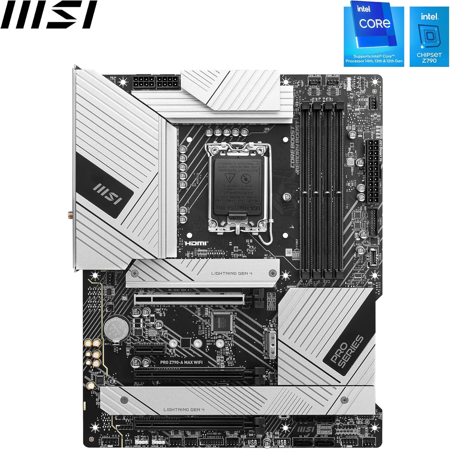مادربرد MSI PRO Z790-A MAX WiFi ProSeries (پشتیبانی از پردازندههای نسل 12/13/14 اینتل، LGA 1700، DDR5، PCIe 5.0، M.2، SATA 6G، LAN 2.5 گیگابیتی، USB 3.2 Gen2، Wi-Fi 7، بلوتوث 5.4، ATX) مادربرد MSI PRO Z790-A MAX WiFi ProSeries (پشتیبانی از پردازندههای نسل 12/13/14 اینتل، LGA 1700، DDR5، PCIe 5.0، M.2، SATA 6G، LAN 2.5 گیگابیتی، USB 3.2 Gen2، Wi-Fi 7، بلوتوث 5.4، ATX)