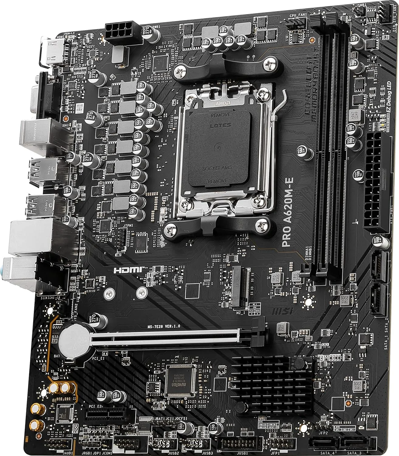 مادربرد MSI PRO A620M-E ProSeries (پردازنده های سری AMD 9000/8000/7000، سوکت AM5، DDR5، PCIe 4.0، SATA 6Gb/s، M.2، USB 3.2 Gen 1، DVI/HDMI، mATX)