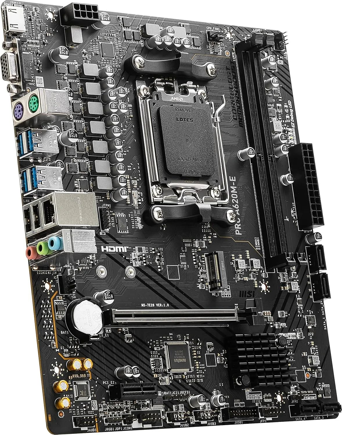مادربرد MSI PRO A620M-E ProSeries (پردازنده های سری AMD 9000/8000/7000، سوکت AM5، DDR5، PCIe 4.0، SATA 6Gb/s، M.2، USB 3.2 Gen 1، DVI/HDMI، mATX)