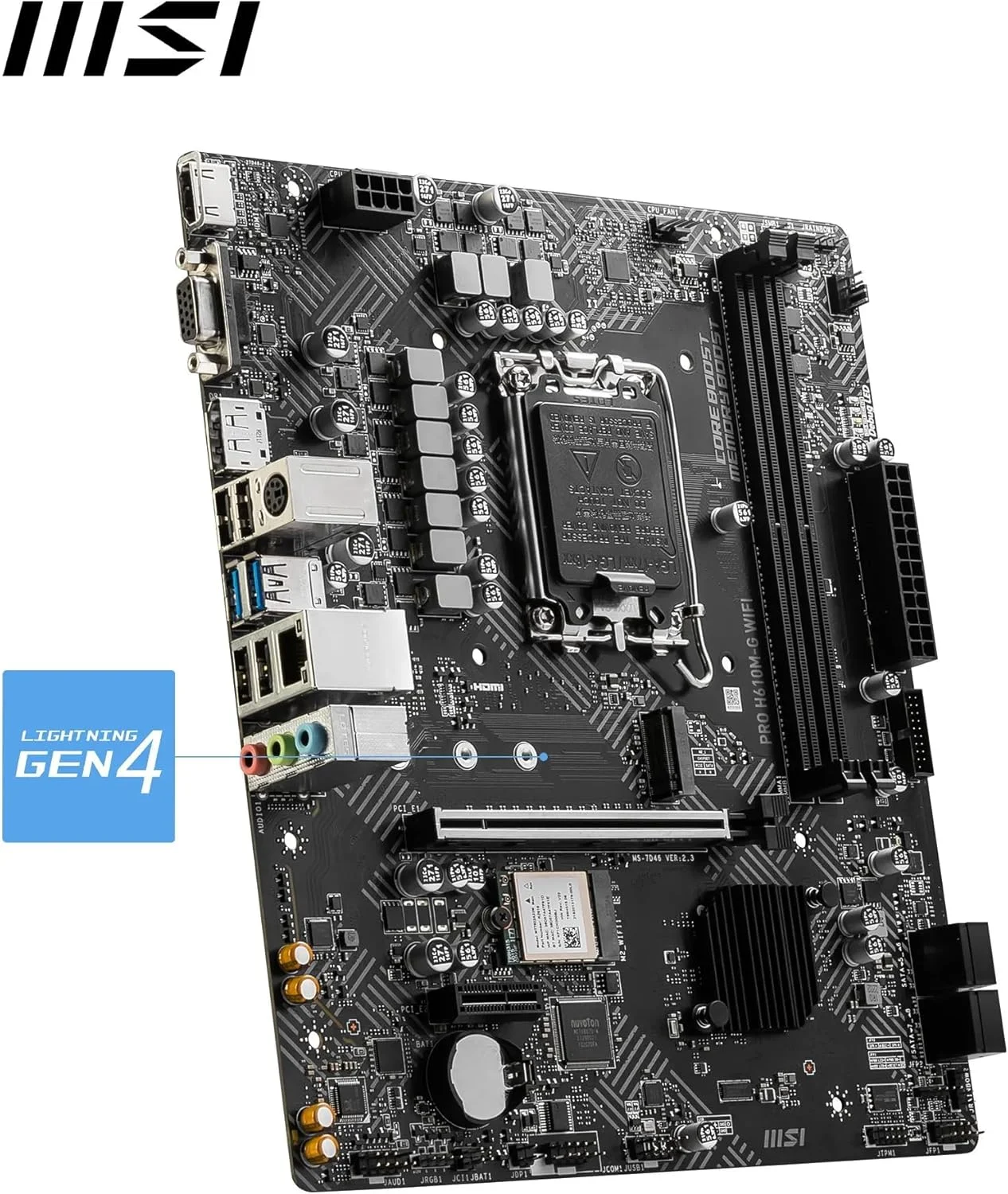 مادربرد MSI PRO H610M-G WiFi – Micro-ATX، پشتیبانی از پردازندههای نسل 12/13/14 اینتل Core، سوکت LGA 1700، تقویت حافظه DDR5 تا 5600 مگاهرتز/حداکثر، PCIe 4، LAN 1G، اسلاتهای M.2، USB 3.2، Wi-Fi 6E مادربرد MSI PRO H610M-G WiFi – Micro-ATX، پشتیبانی از پردازندههای نسل 12/13/14 اینتل Core، سوکت LGA 1700، تقویت حافظه DDR5 تا 5600 مگاهرتز/حداکثر، PCIe 4، LAN 1G، اسلاتهای M.2، USB 3.2، Wi-Fi 6E